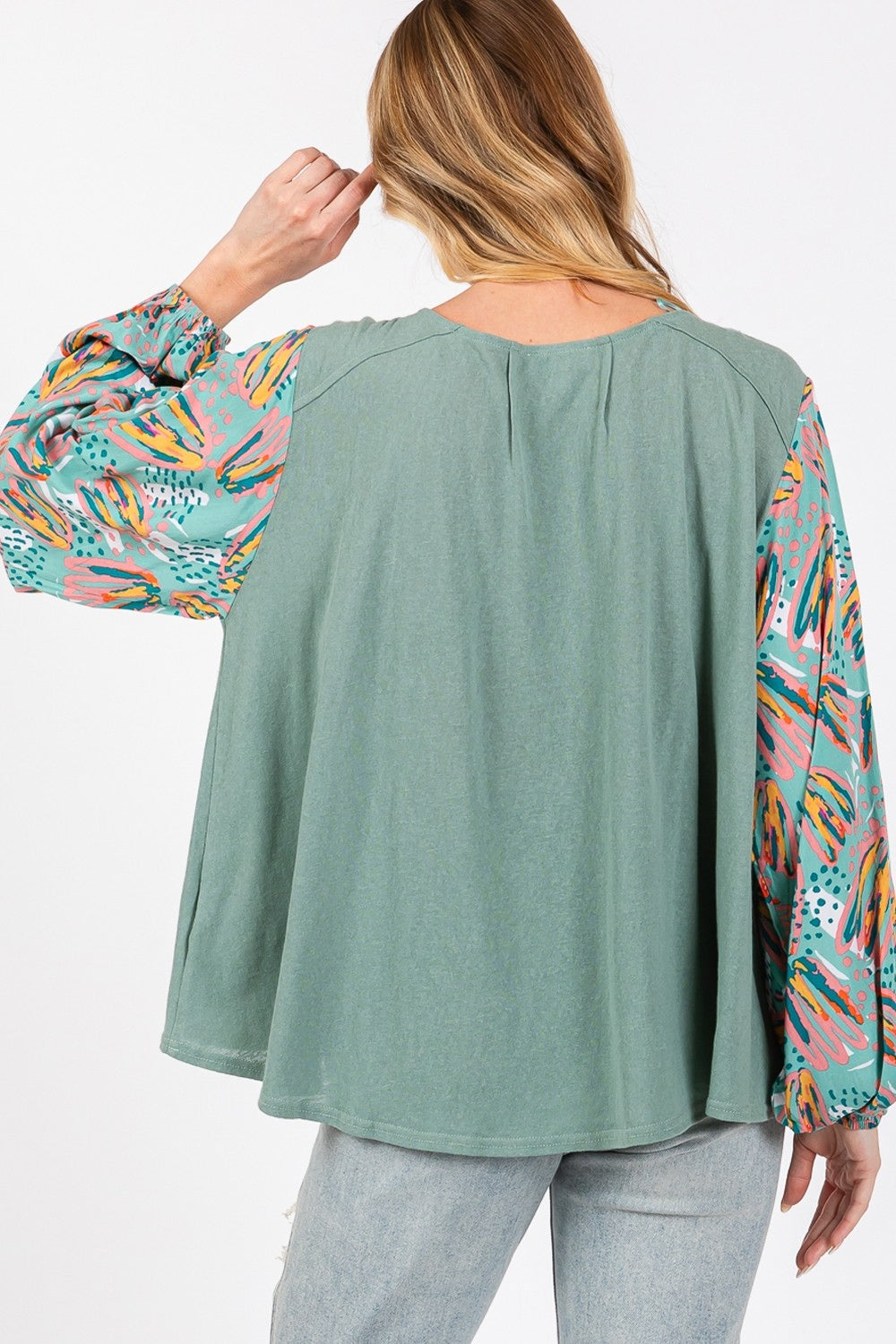 SAGE + FIG Ruched Round Neck Printed Bubble Sleeve Top-TOPS / DRESSES-[Adult]-[Female]-2022 Online Blue Zone Planet