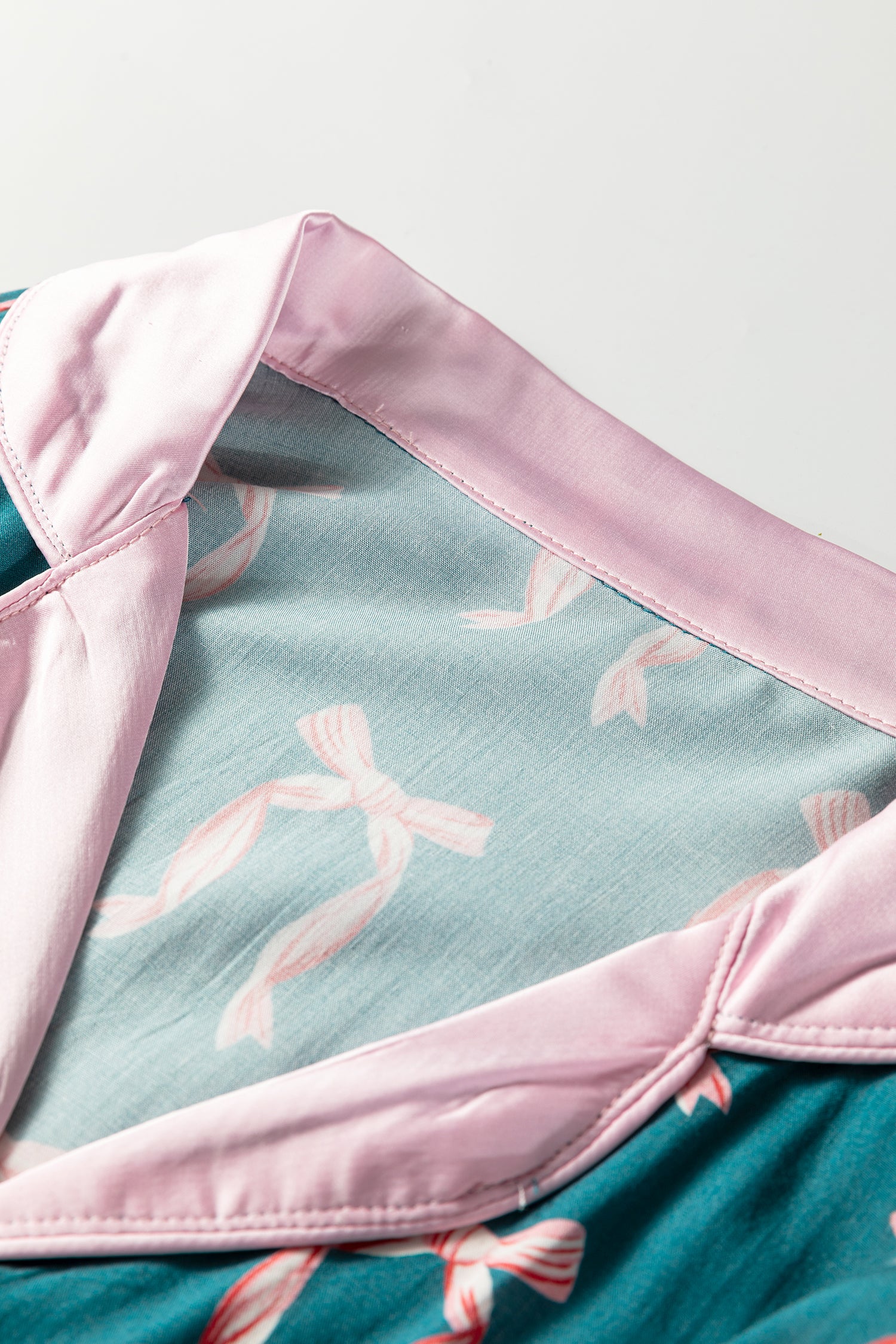 Green Ribbon Bow Print Silky Long Sleeve Shirt and Shorts 2pcs Pajama Set-Loungewear & Sleepwear/Sleepwear-[Adult]-[Female]-2022 Online Blue Zone Planet