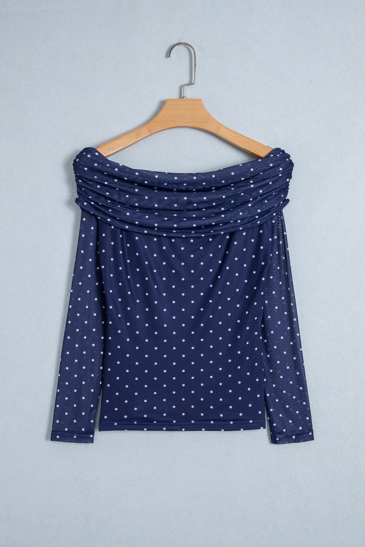 Blue Off Shoulder Polka Dot Mesh Long Sleeve Sheath Top-Tops/Long Sleeve Tops-[Adult]-[Female]-2022 Online Blue Zone Planet