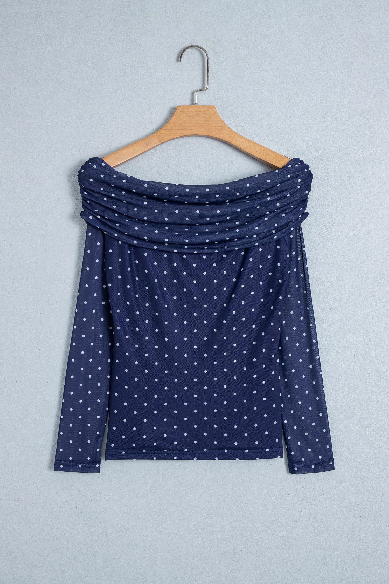 Blue Off Shoulder Polka Dot Mesh Long Sleeve Sheath Top-Tops/Long Sleeve Tops-[Adult]-[Female]-2022 Online Blue Zone Planet