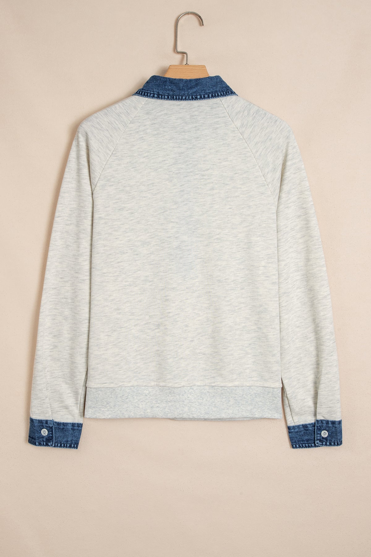Gray Denim Collar Patchwork Long Sleeve Pullover Top-Tops/Long Sleeve Tops-[Adult]-[Female]-2022 Online Blue Zone Planet