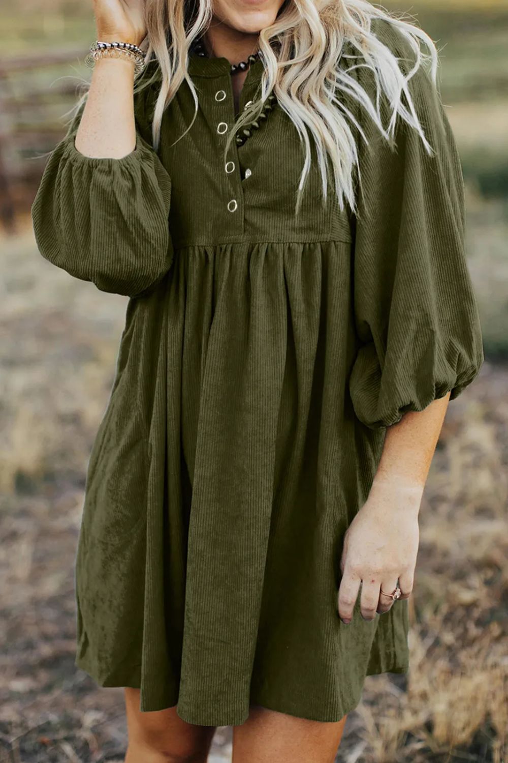 Quarter Snap Three-Quarter Sleeve Dress with Pockets-TOPS / DRESSES-[Adult]-[Female]-Army Green-S-2022 Online Blue Zone Planet