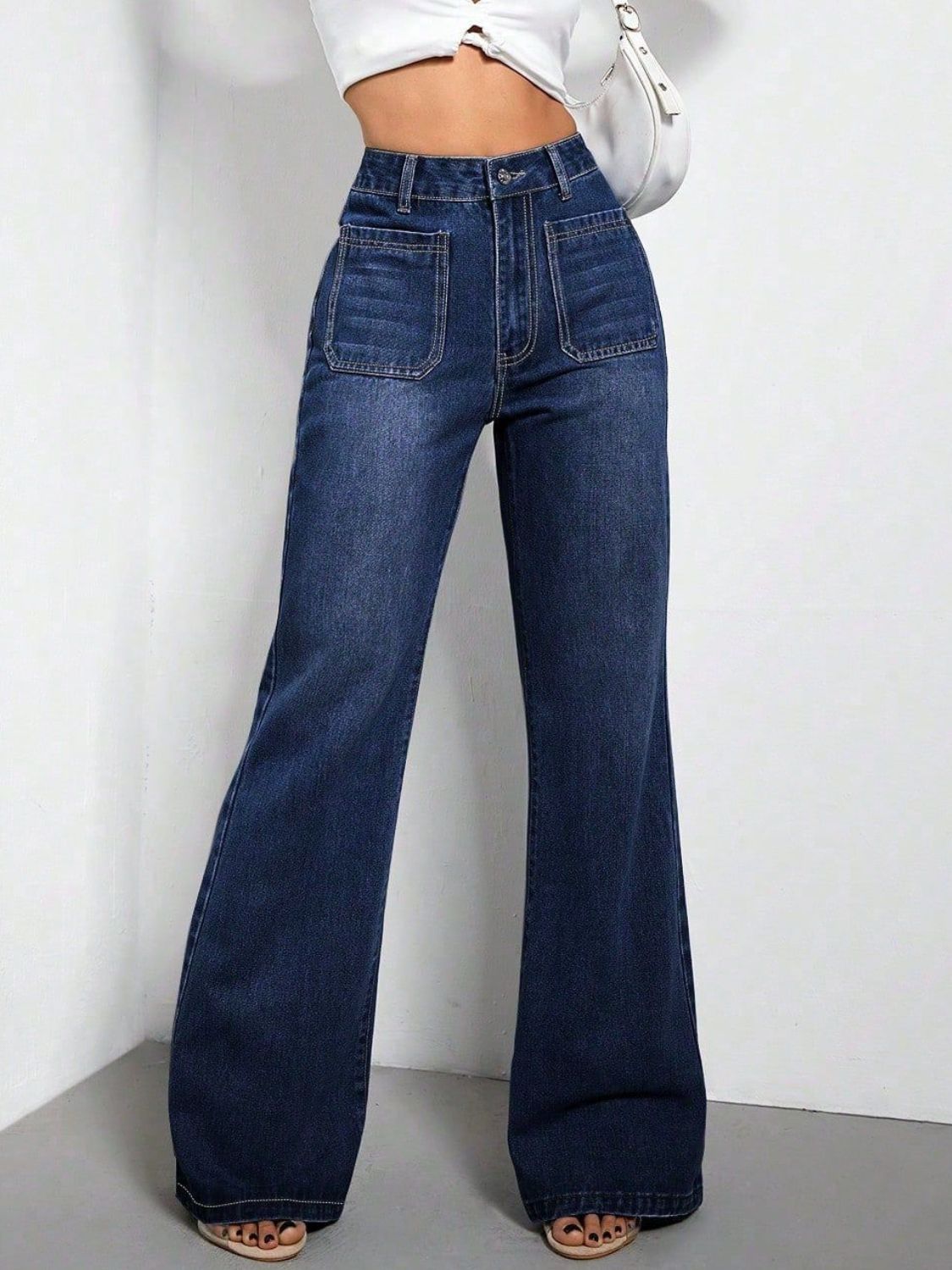 High Waist Bootcut Jeans with Pockets-BOTTOMS SIZES SMALL MEDIUM LARGE-[Adult]-[Female]-Dark-XS-2022 Online Blue Zone Planet