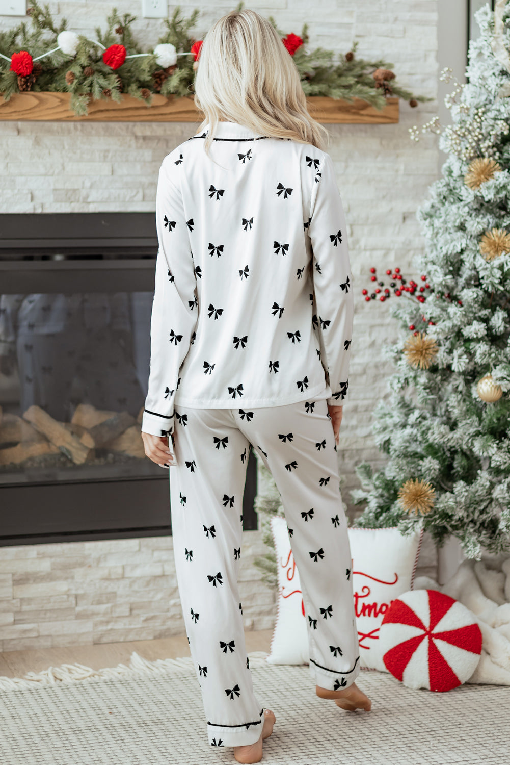 White Bows Print Two Piece Sleepwear-Loungewear & Sleepwear/Sleepwear-[Adult]-[Female]-2022 Online Blue Zone Planet