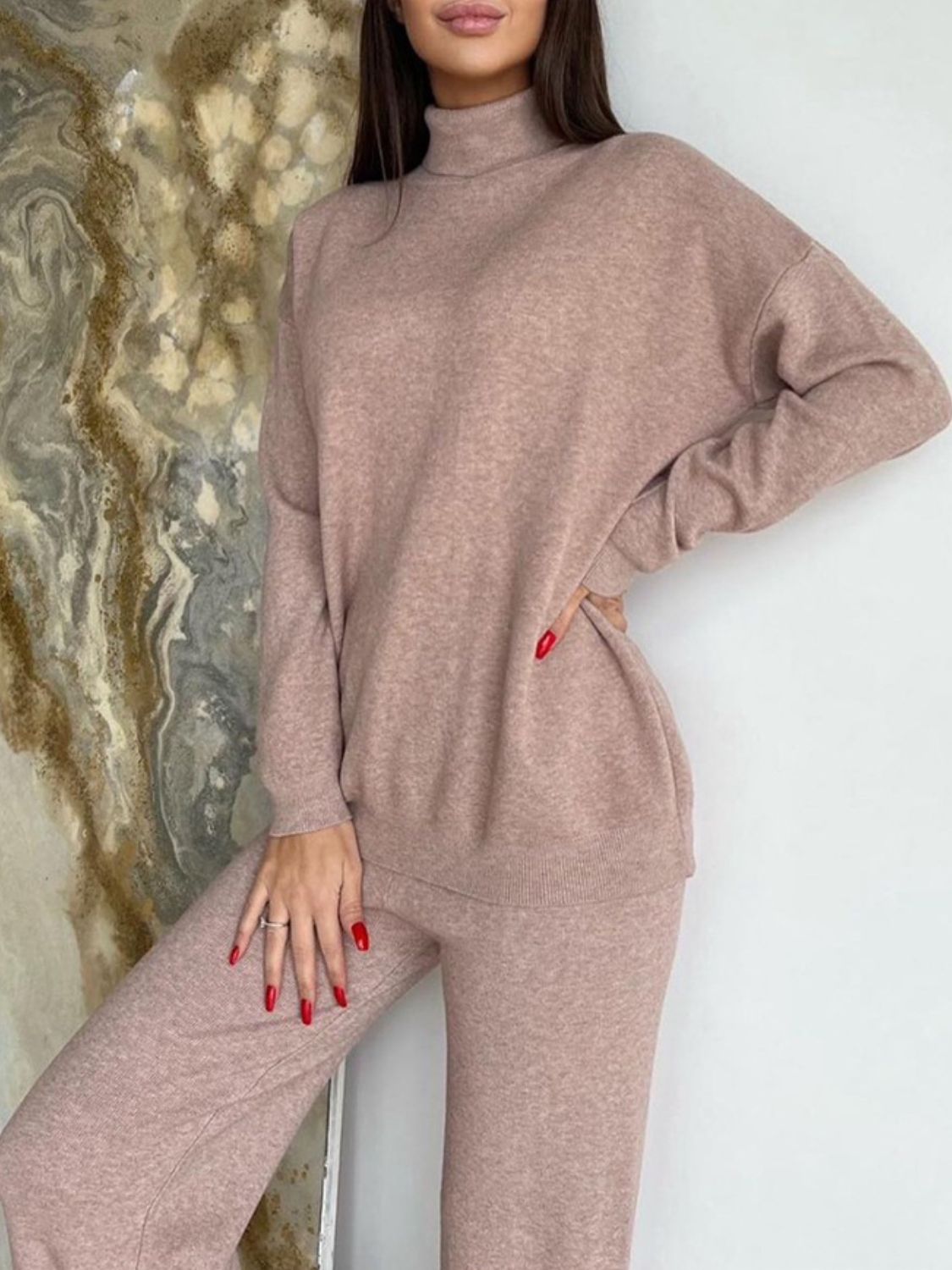 Turtleneck Long Sleeve Top and Drawstring Pants Sweater Set-TOPS / DRESSES-[Adult]-[Female]-Taupe-One Size-2022 Online Blue Zone Planet