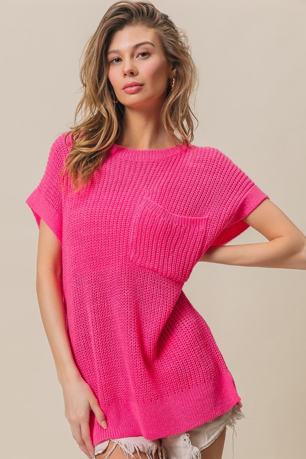 Blue Zone Planet | BiBi Patch Pocket Short Sleeve Sweater-TOPS / DRESSES-[Adult]-[Female]-Fuchsia-S-2022 Online Blue Zone Planet