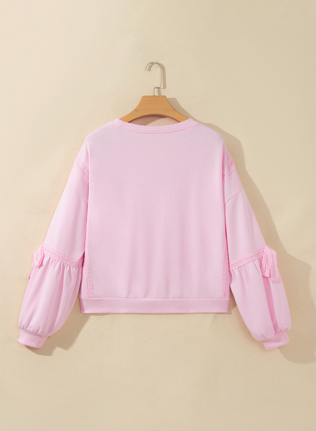 Pink Solid Color Raw Seam Lace Detail Loose Casual Sweatshirt-Tops/Sweatshirts & Hoodies-[Adult]-[Female]-2022 Online Blue Zone Planet