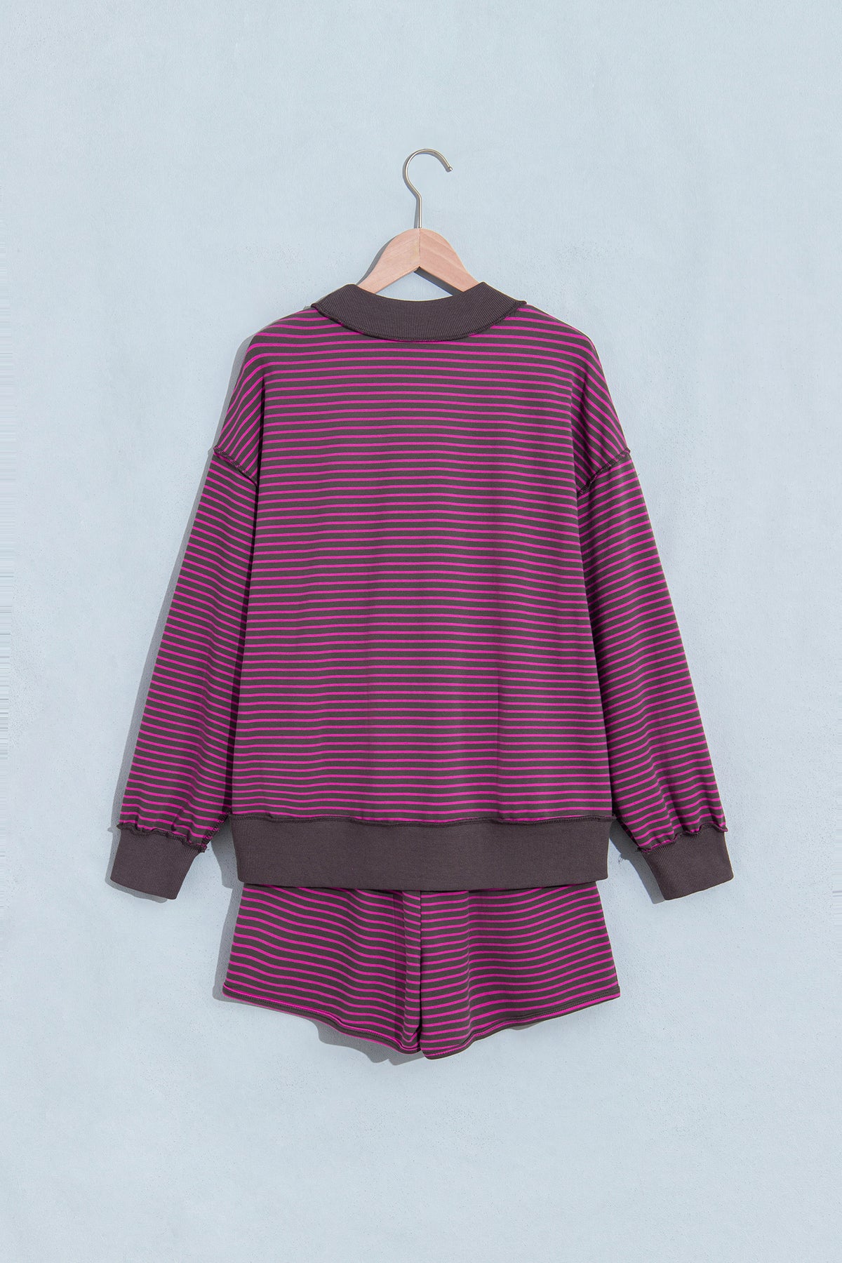 Blue Stripe Ribbed Patchwork Mock Neck Baggy Pullover Matching Shorts Set-Two Piece Sets/Short Sets-[Adult]-[Female]-2022 Online Blue Zone Planet
