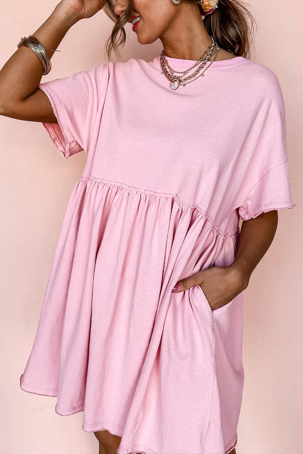 Round Neck Half Sleeve Mini Dress-TOPS / DRESSES-[Adult]-[Female]-2022 Online Blue Zone Planet