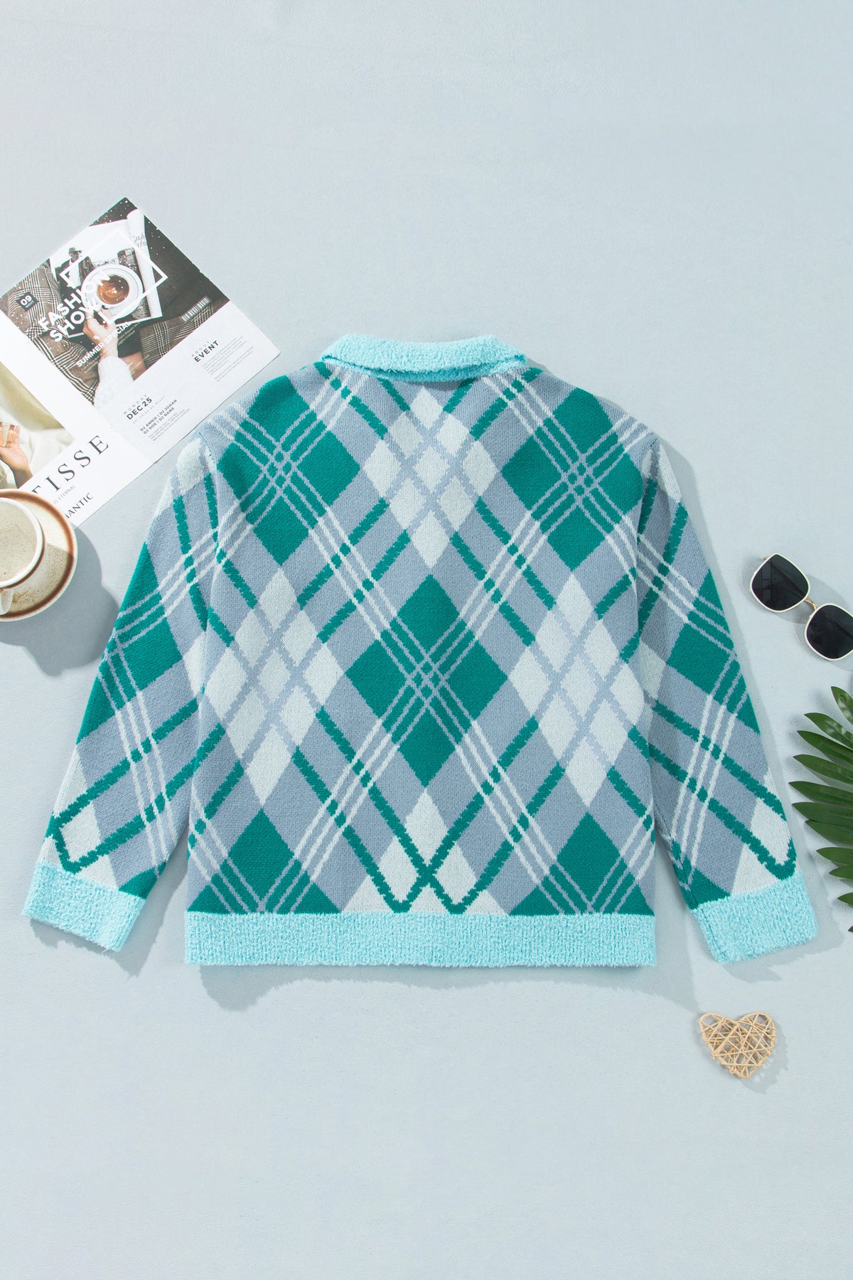 Green Plaid V Neck Long Sleeve Shift Cardigan Sweater-TOPS / DRESSES-[Adult]-[Female]-2022 Online Blue Zone Planet