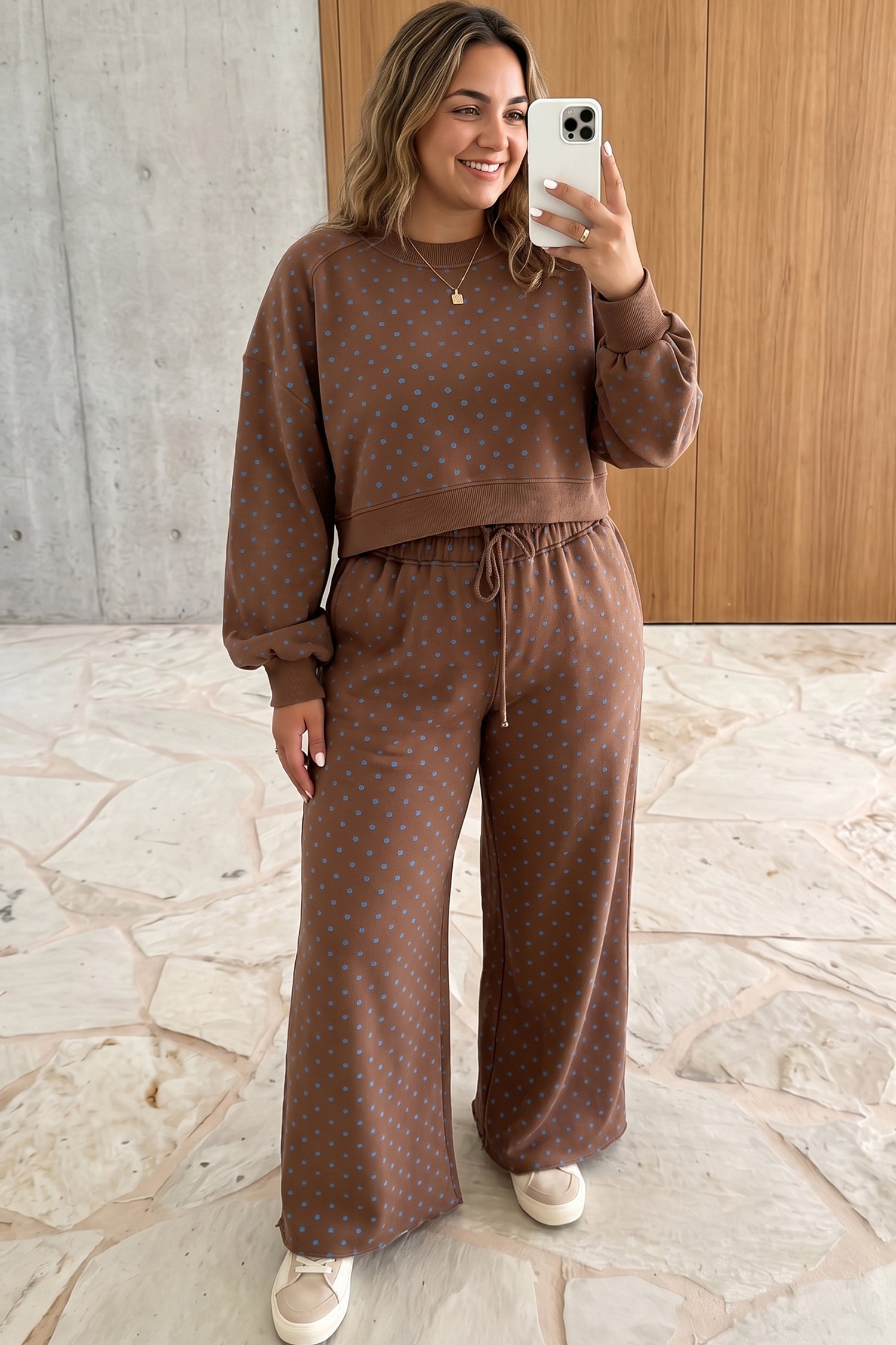 Brown Polka Dot Round Neck Long Sleeve Plus Size Set-Plus Size/Plus Size Loungewear-[Adult]-[Female]-2022 Online Blue Zone Planet