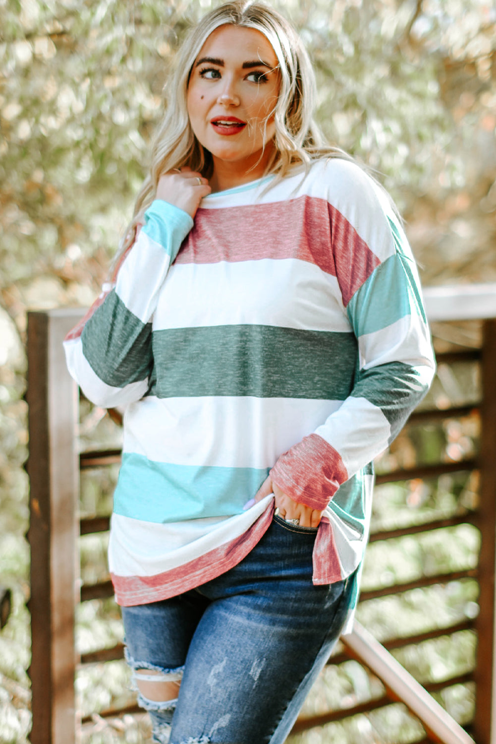 Green Plus Size Colorblock Pullover Top-Plus Size/Plus Size Tops/Plus Size Long Sleeve Tops-[Adult]-[Female]-Green-1X-2022 Online Blue Zone Planet