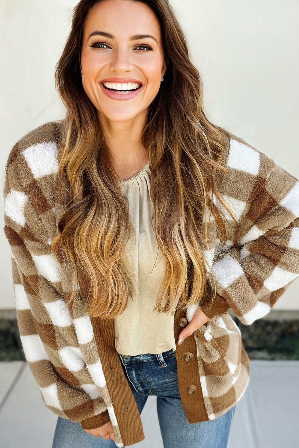 Brown Checkered Sherpa Loose Knit Cardigan With Pockets-Sweaters & Cardigans/Cardigans-[Adult]-[Female]-2022 Online Blue Zone Planet