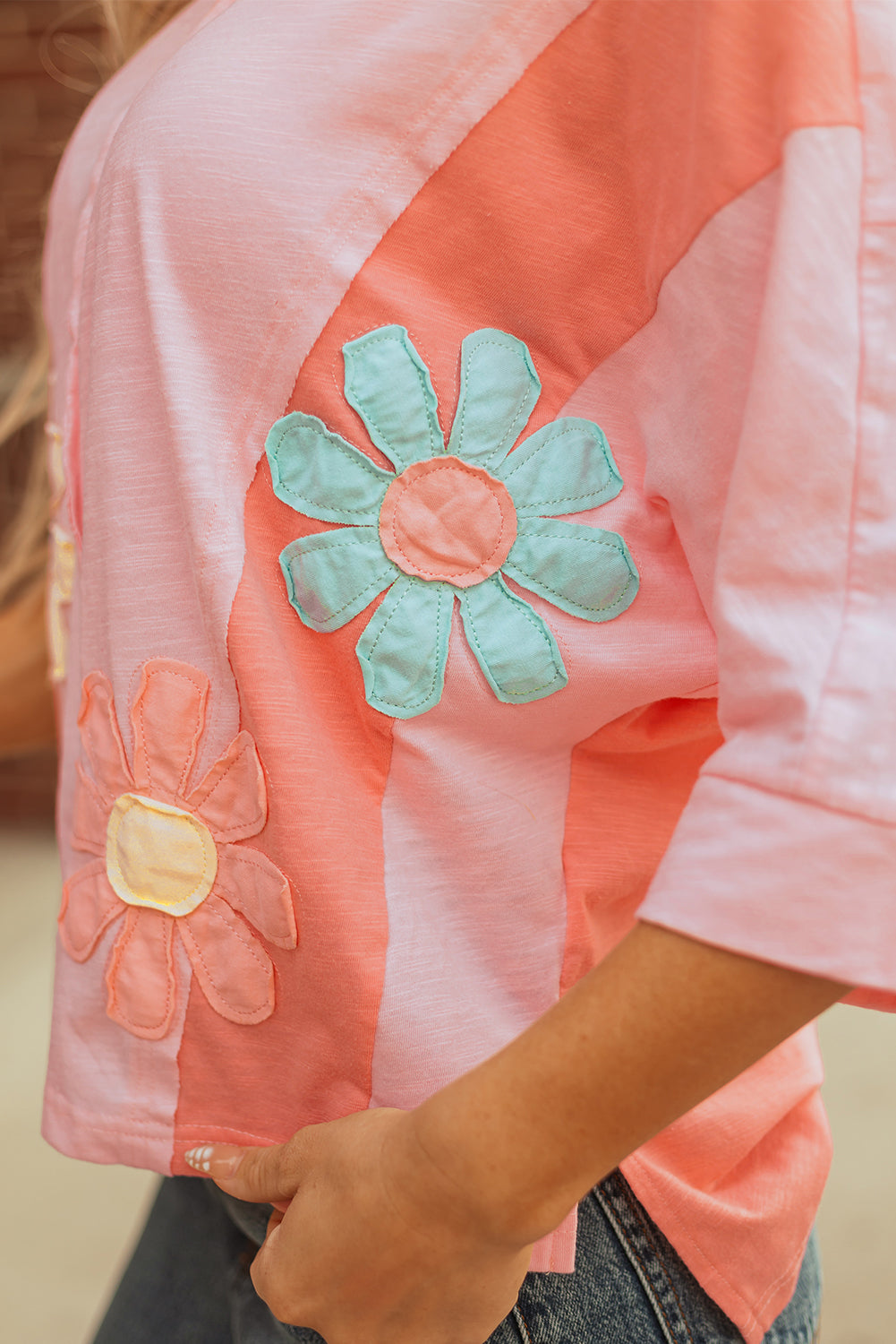 Pink Flower Patched Exposed Seam Bracelet Sleeve Oversized T Shirt-Bracelet-[Adult]-[Female]-2022 Online Blue Zone Planet