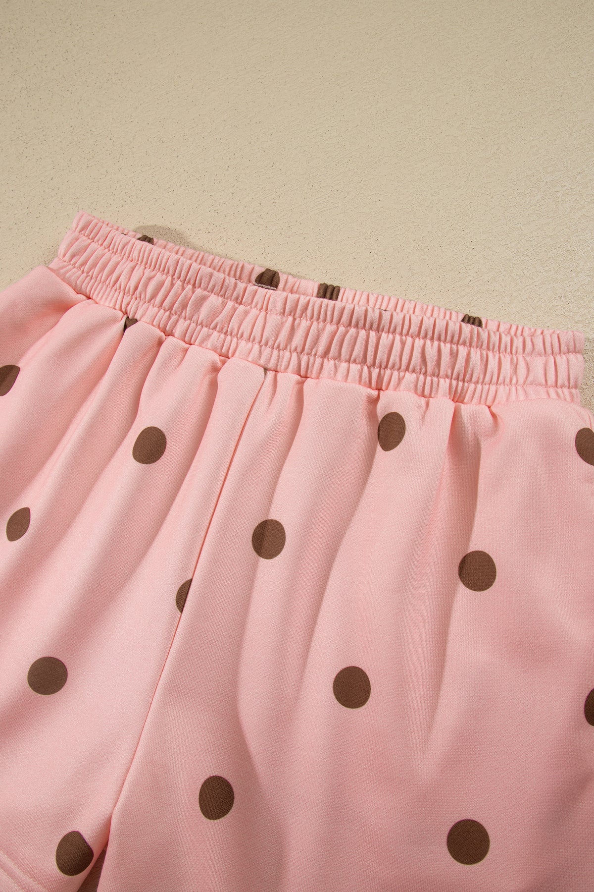 Brown Polka Dot Ribbed Trim Long Sleeve Top Casual Short Set-Two Piece Sets/Short Sets-[Adult]-[Female]-2022 Online Blue Zone Planet
