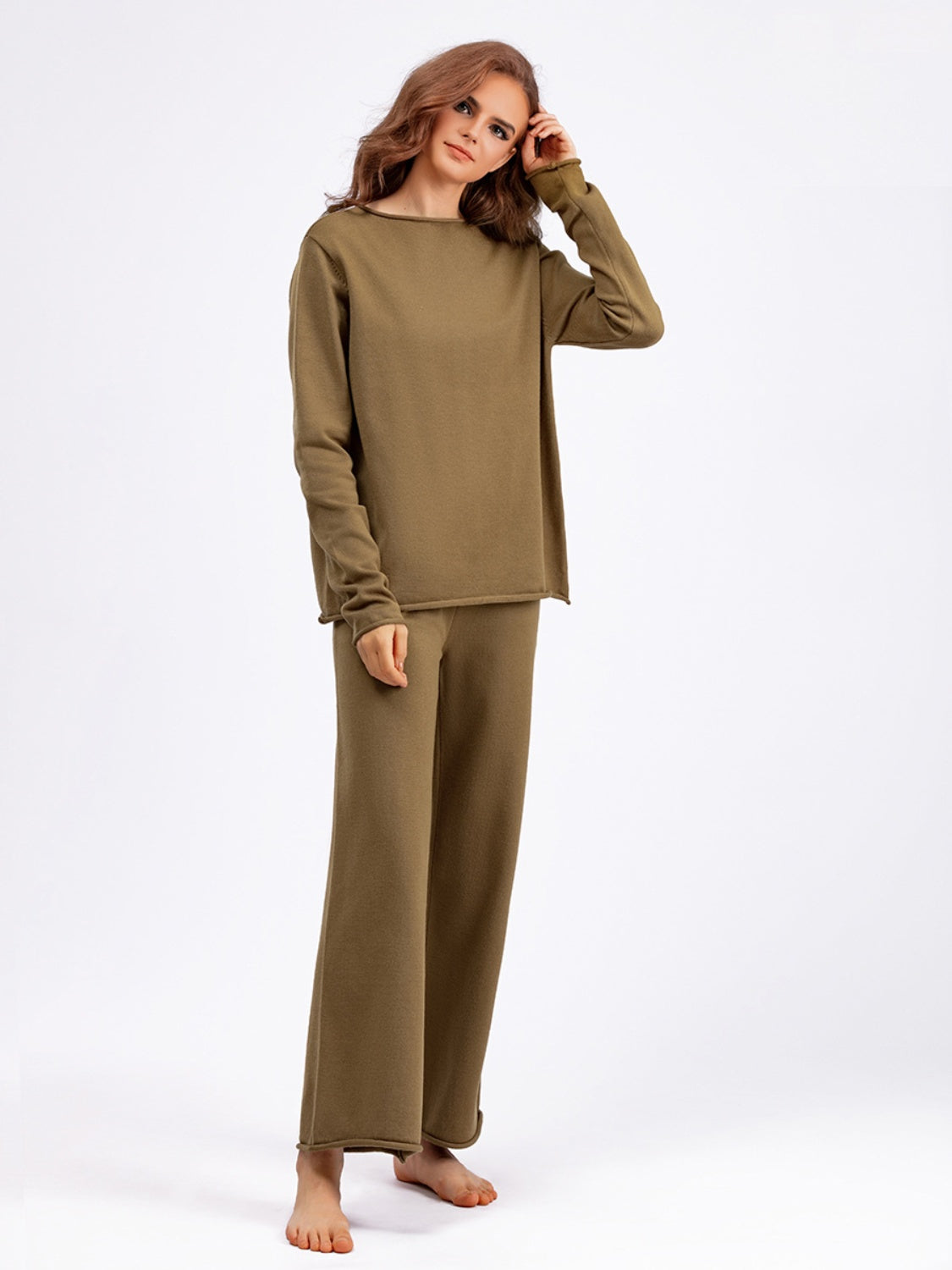 Blue Zone Planet | Basic Bae Rolled Round Neck Top and Pants Sweater Set-TOPS / DRESSES-[Adult]-[Female]-2022 Online Blue Zone Planet