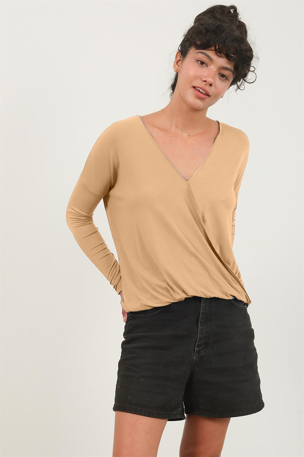 HYFVE Draped Drop Shoulder Long Sleeve Top-TOPS / DRESSES-[Adult]-[Female]-Taupe-S-2022 Online Blue Zone Planet