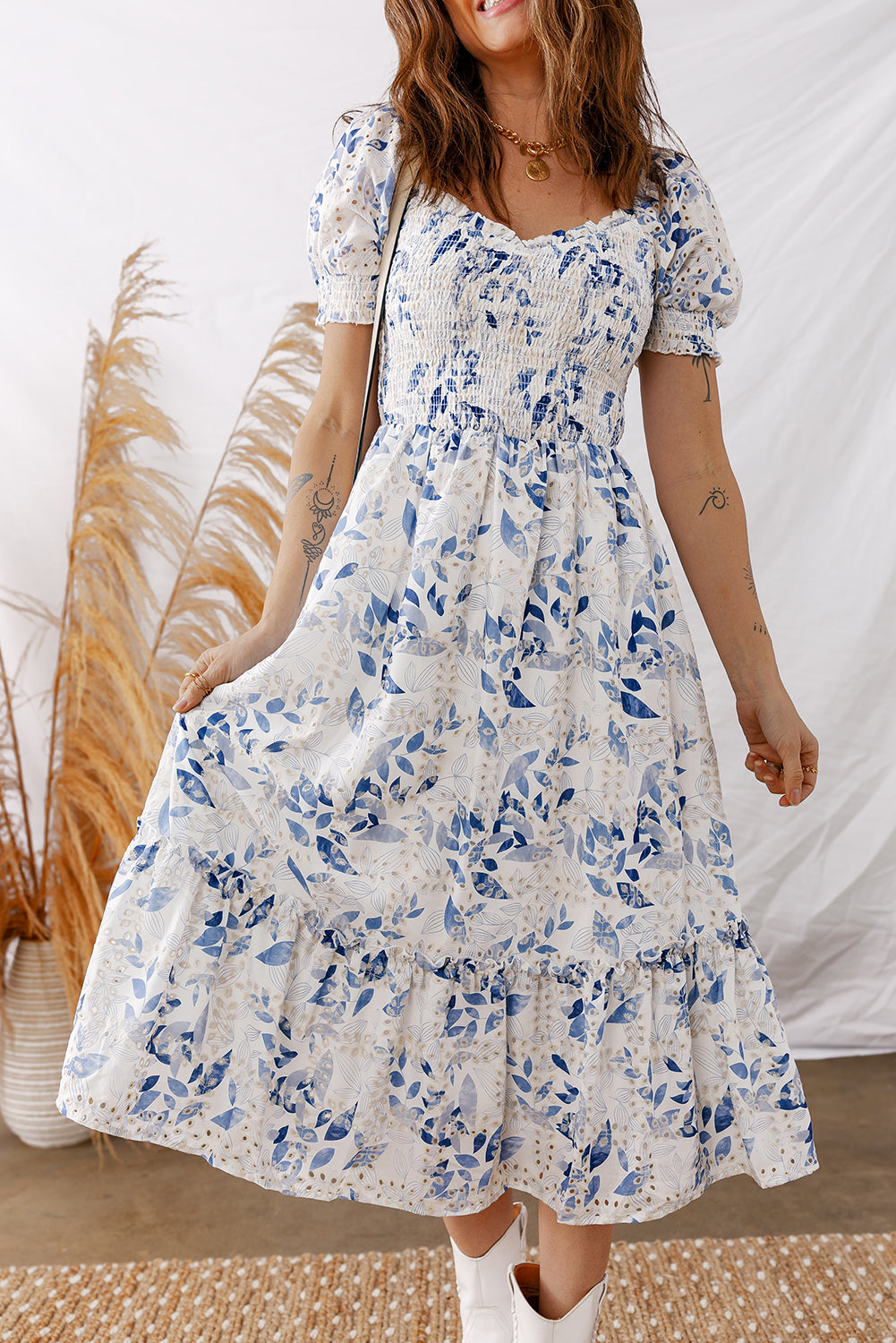 Sky Blue Smocked Bodice Short Puff Sleeve Tiered Floral Midi Dress Sky Blue / S / 100%Viscose