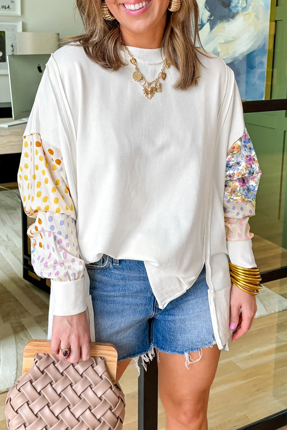 White Floral Dotted Mixed Print Patchwork Sleeve High Low Casual Sweatshirt-Tops/Sweatshirts & Hoodies-[Adult]-[Female]-White-S-2022 Online Blue Zone Planet