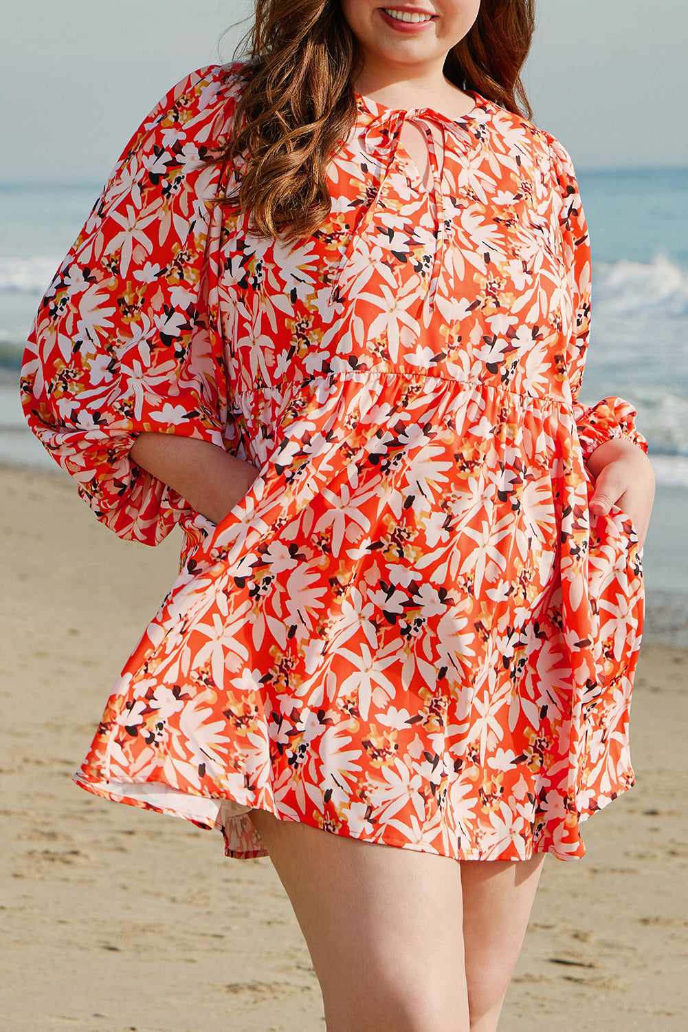 Blue Zone Planet | Orange Floral Print Split V Neck Bubble Sleeve Plus Size Midi Dress-TOPS / DRESSES-[Adult]-[Female]-2022 Online Blue Zone Planet