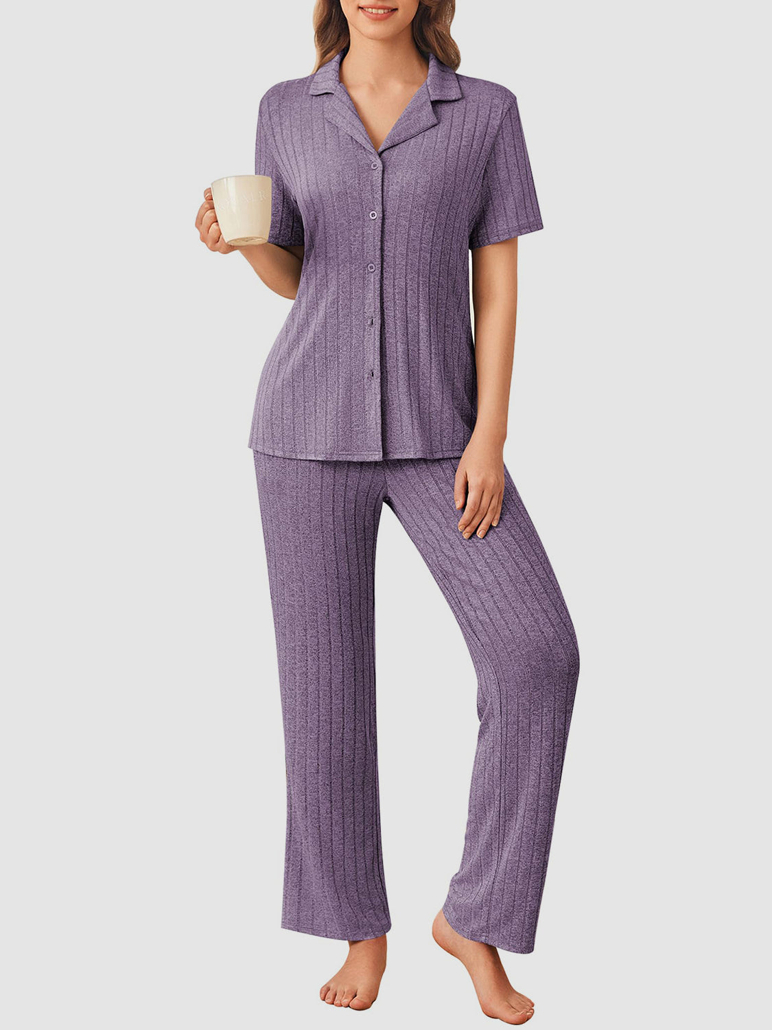 Button Down Long Sleeve Top and Pants Lounge Set-TOPS / DRESSES-[Adult]-[Female]-2022 Online Blue Zone Planet