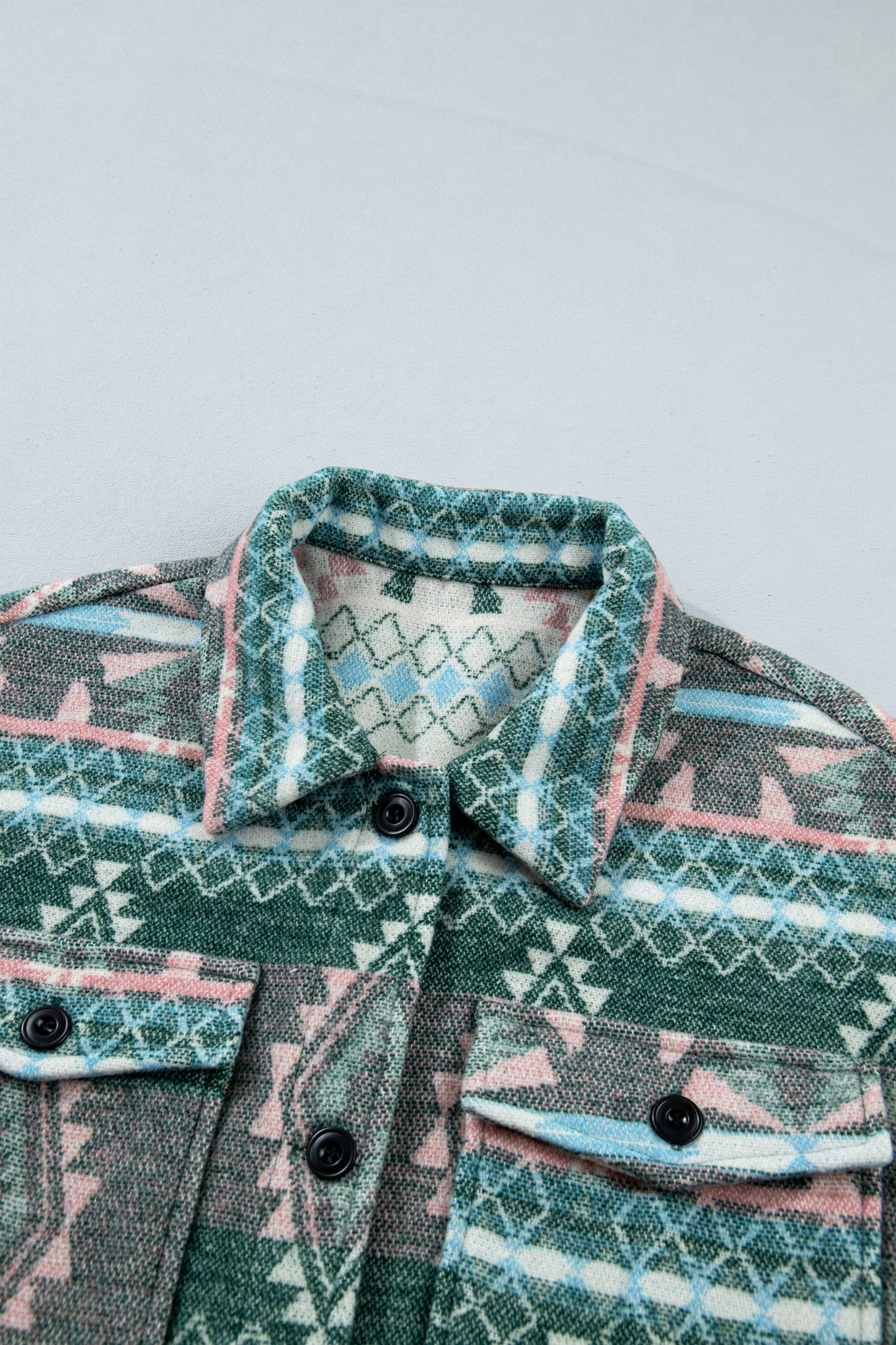 Green Geometric Print Button Front Long Sleeve Shacket
