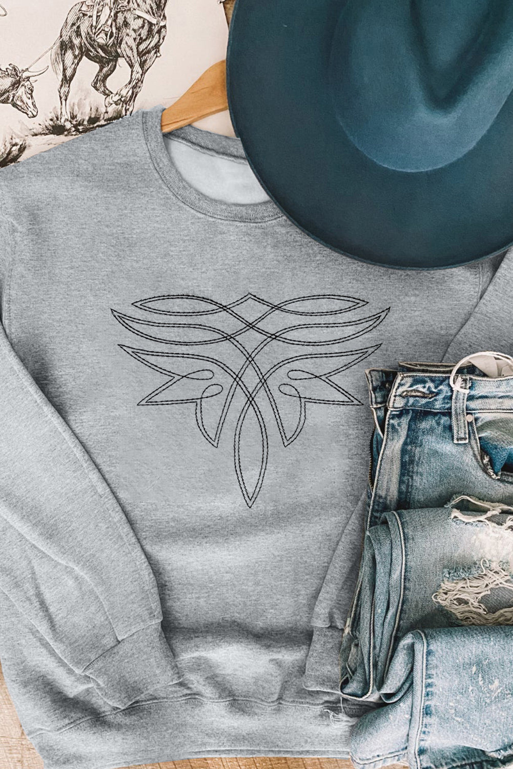 Gray Western Pattern Embroidered Drop Shoulder Pullover Top-Graphic/Graphic Sweatshirts-[Adult]-[Female]-2022 Online Blue Zone Planet