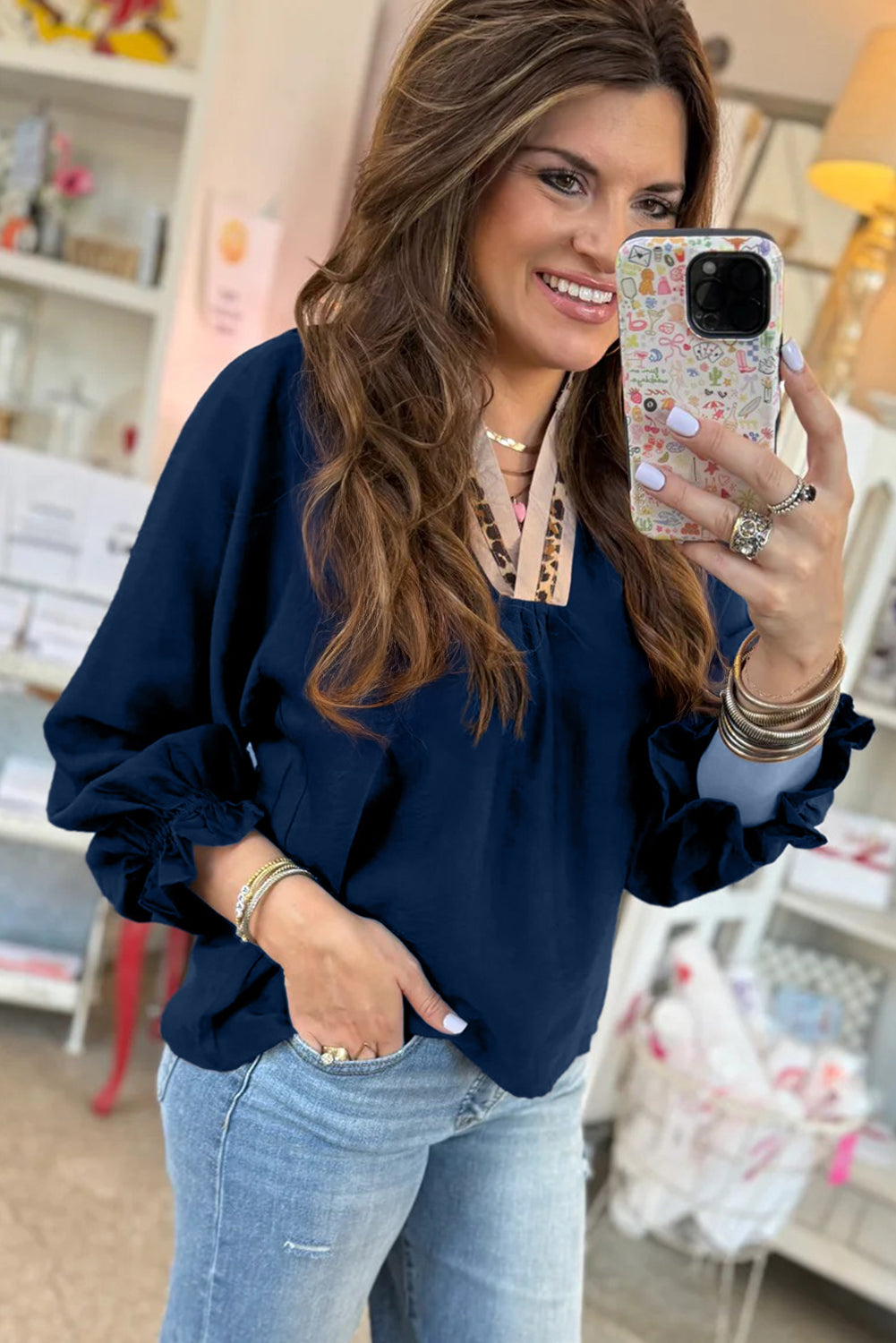 Violet Leopard Trim V Neck Flounced Bracelet Sleeve Blouse-Bracelet-[Adult]-[Female]-2022 Online Blue Zone Planet