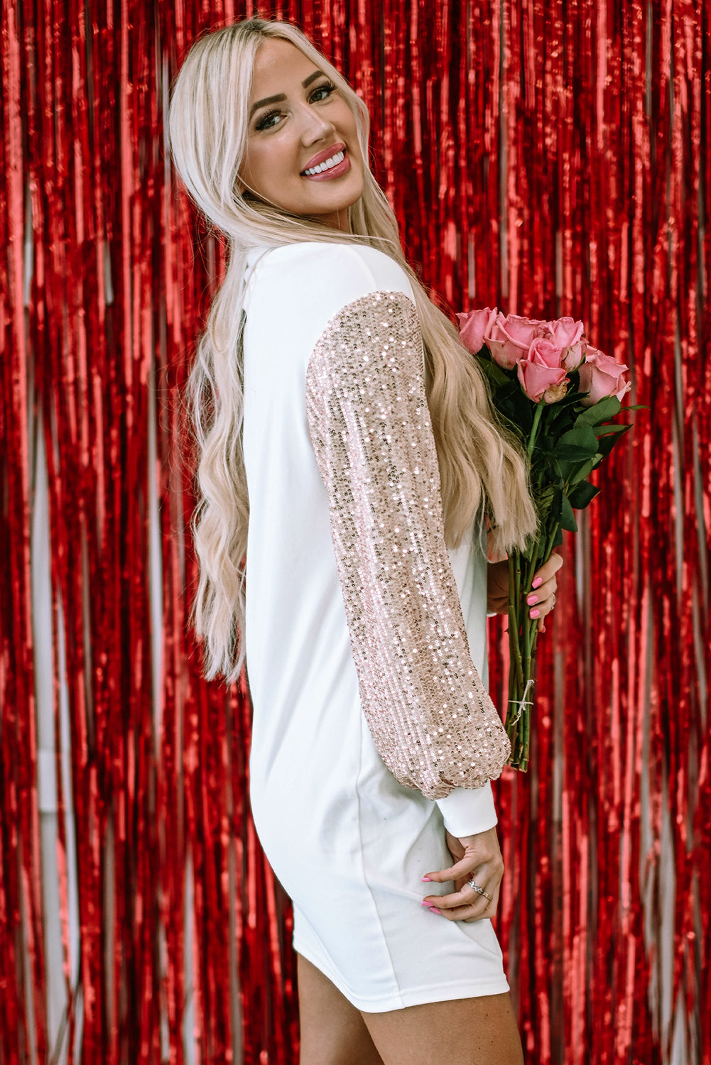 white sequin puff sleeve dress White Sequin Maxi Dress - Puff Sleeve Dress - Column Maxi Dress