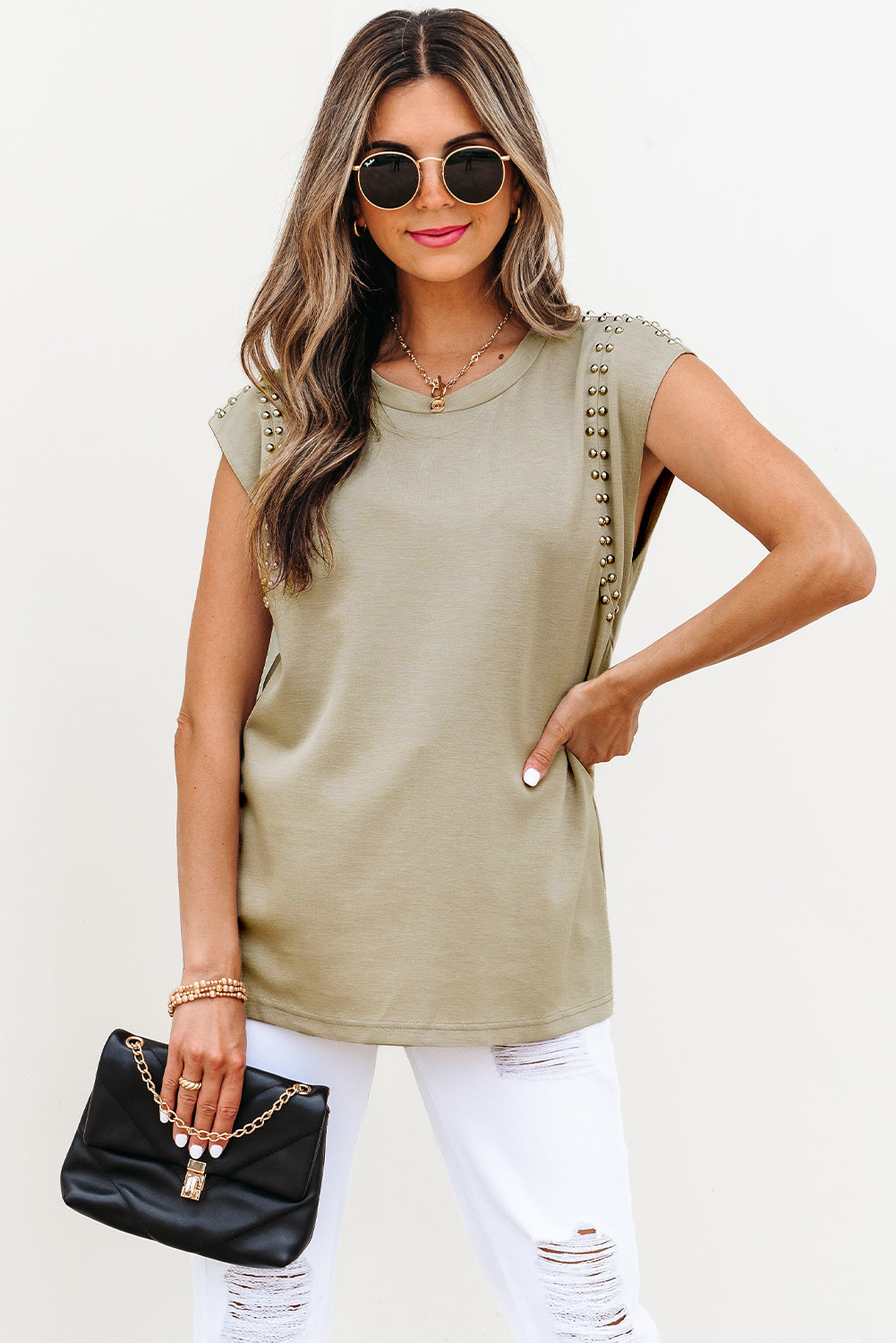 Sage Green Studded Cap Sleeve Round Neck T Shirt-Tops/Tops & Tees-[Adult]-[Female]-2022 Online Blue Zone Planet