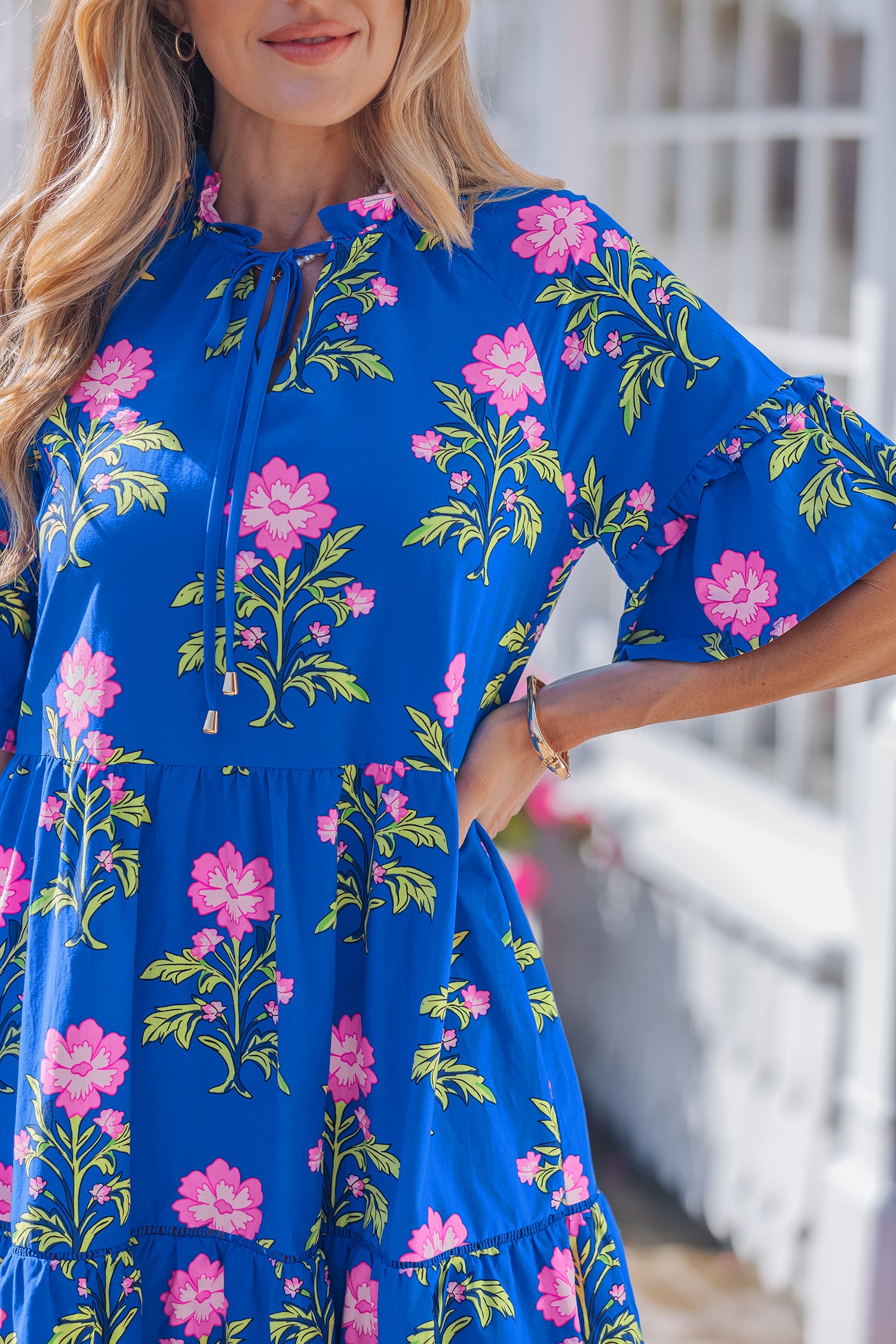 Blue V Neck Short Sleeve Loose Flower Dress-TOPS / DRESSES-[Adult]-[Female]-2022 Online Blue Zone Planet
