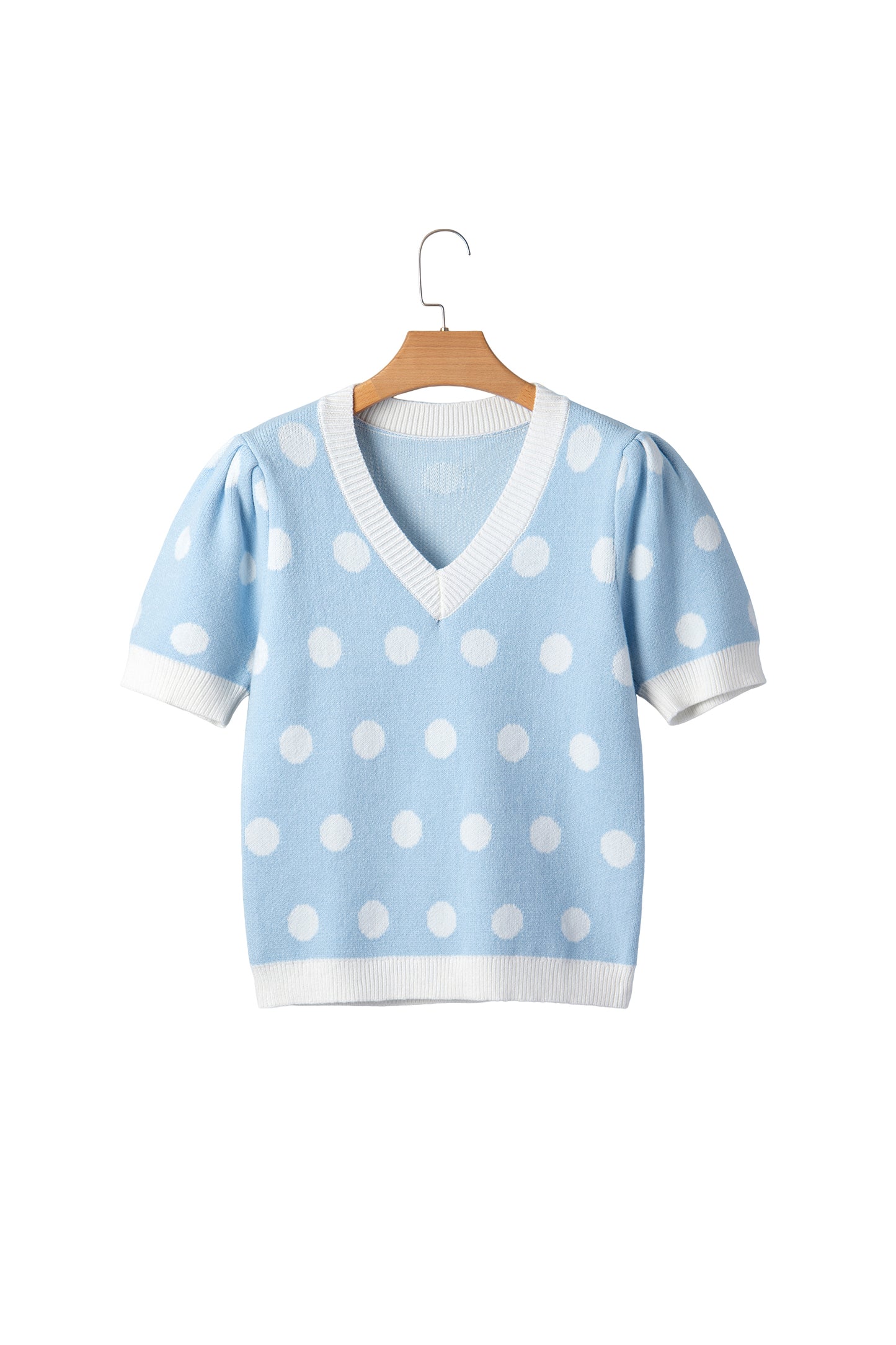 Rose Red Polka Dot Puff Short Sleeve Sweater Top-Sweaters & Cardigans/Short Sleeve Sweaters-[Adult]-[Female]-2022 Online Blue Zone Planet