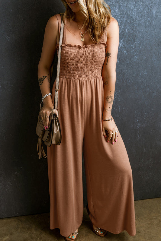 Frill Smocked Wide Leg Jumpsuit-TOPS / DRESSES-[Adult]-[Female]-Camel-S-2022 Online Blue Zone Planet