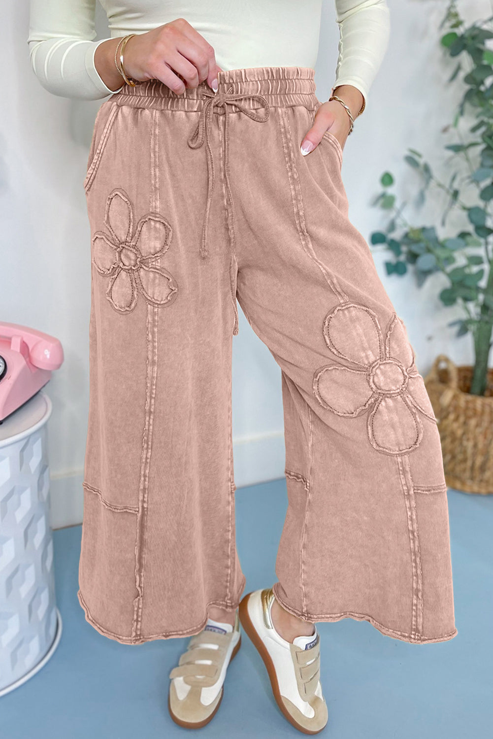 Buckskin Flower Patch Mineral Washed Terry Knit Cropped Wide Leg Pants-Bottoms/Pants & Culotte-[Adult]-[Female]-Buckskin-S-2022 Online Blue Zone Planet
