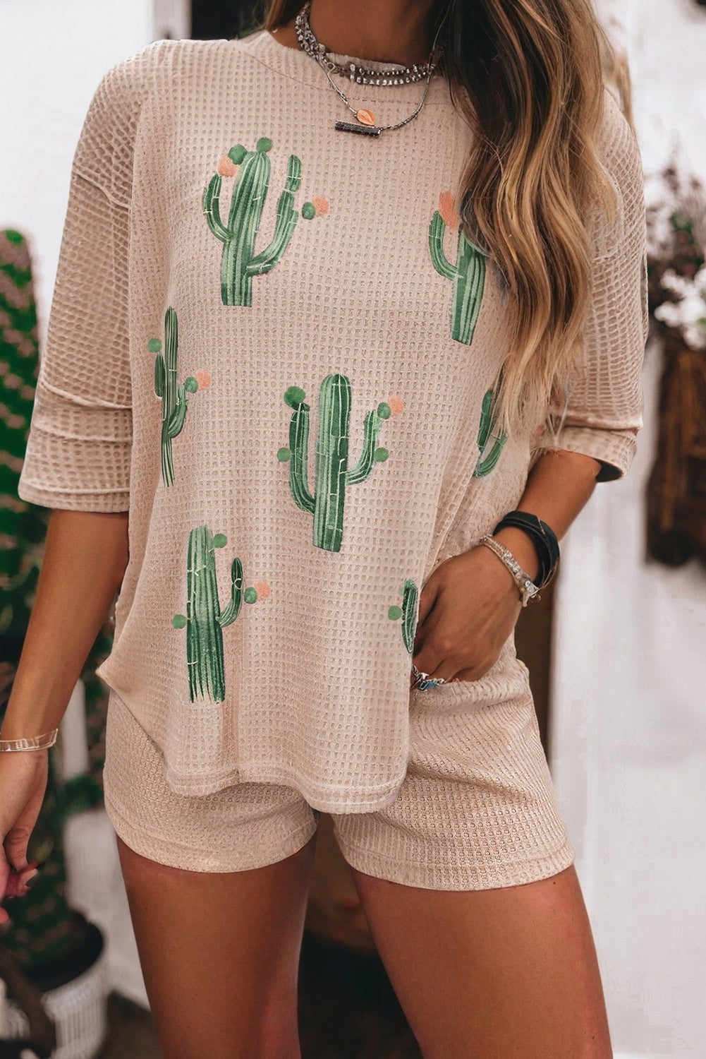 Light French Beige Cactus Forest Waffle Half Sleeve Tee Short Set-Two Piece Sets/Short Sets-[Adult]-[Female]-2022 Online Blue Zone Planet