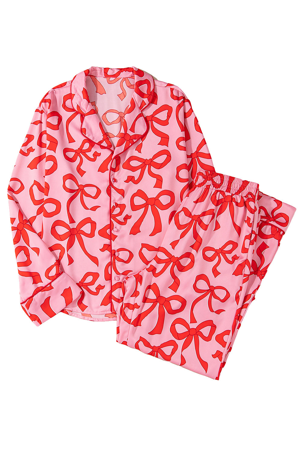 Blue Zone Planet | Pink 2pcs Bow Print Shirt Style Long Sleeve Pajama Set-Loungewear & Sleepwear/Sleepwear-[Adult]-[Female]-2022 Online Blue Zone Planet