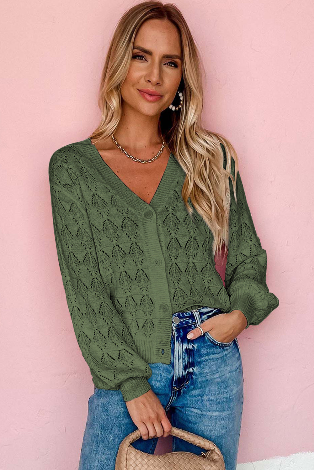 Green Lightweight Buttoned Front Crochet Cardigan-TOPS / DRESSES-[Adult]-[Female]-2022 Online Blue Zone Planet