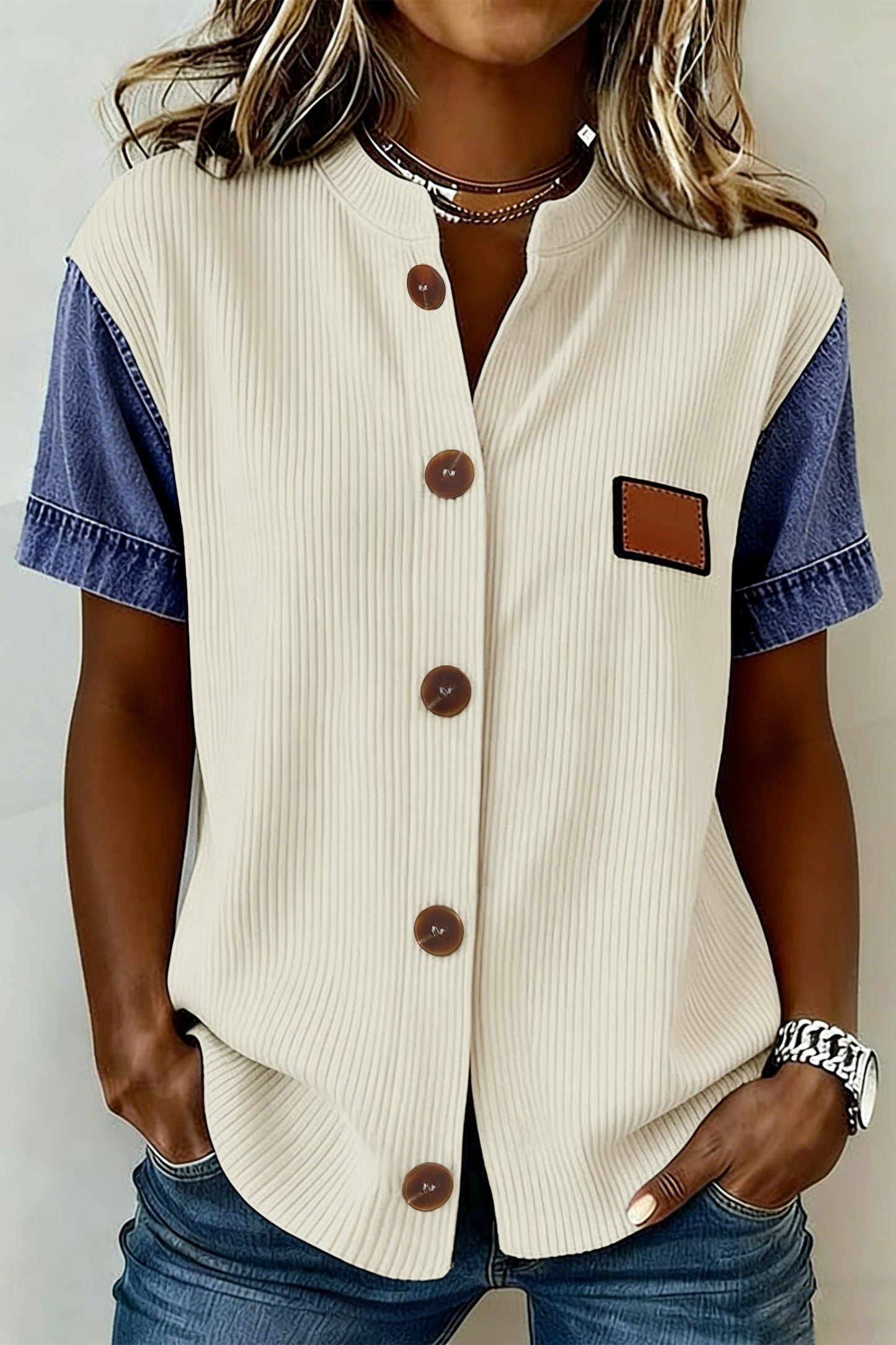 Beige Denim Patchwork Short Sleeve Ribbed Shirt-Tops/Blouses & Shirts-[Adult]-[Female]-Beige-S-2022 Online Blue Zone Planet