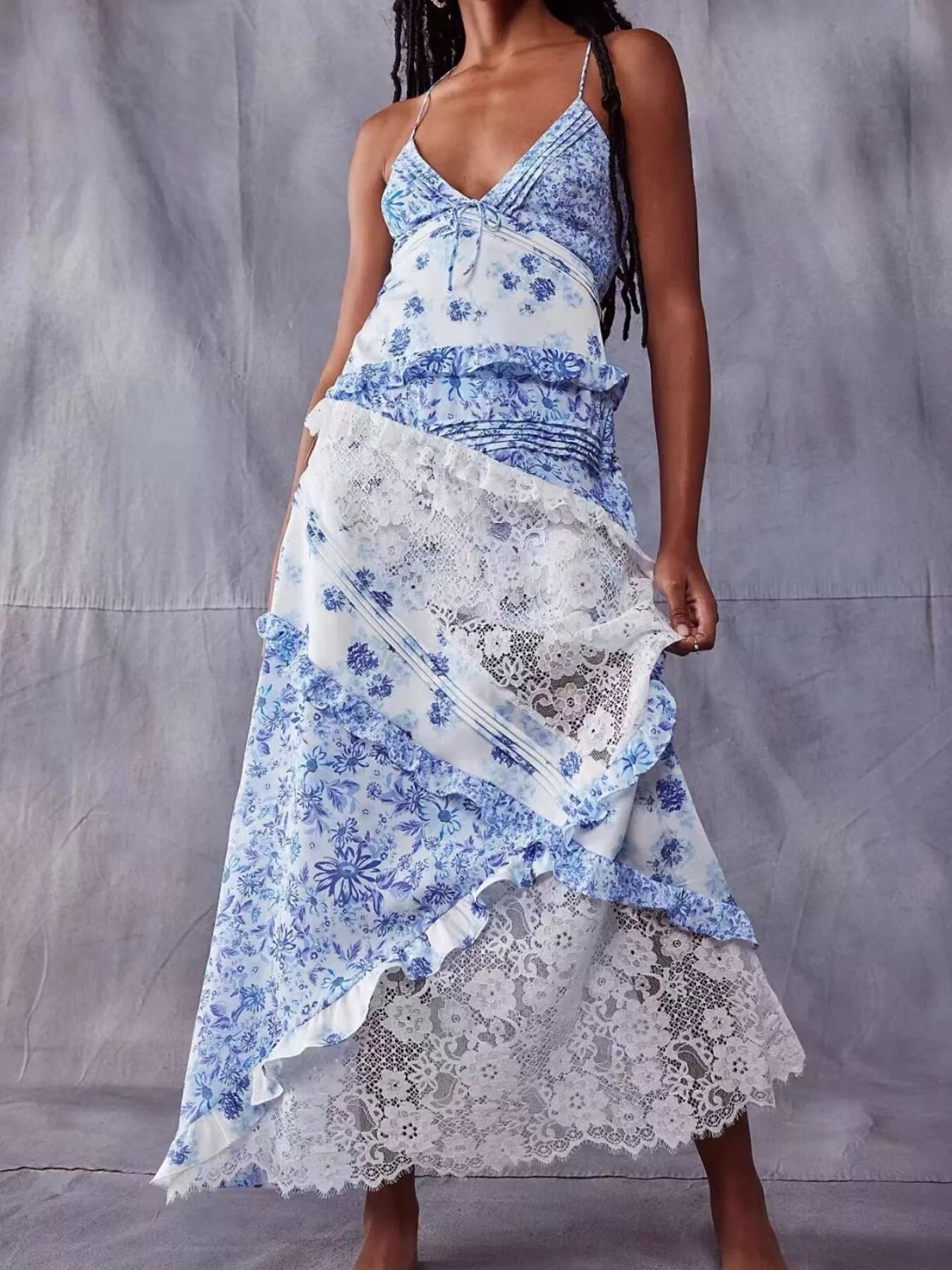 Lace Detail Ruffled Floral V-Neck Maxi Dress – Blue Zone Planet