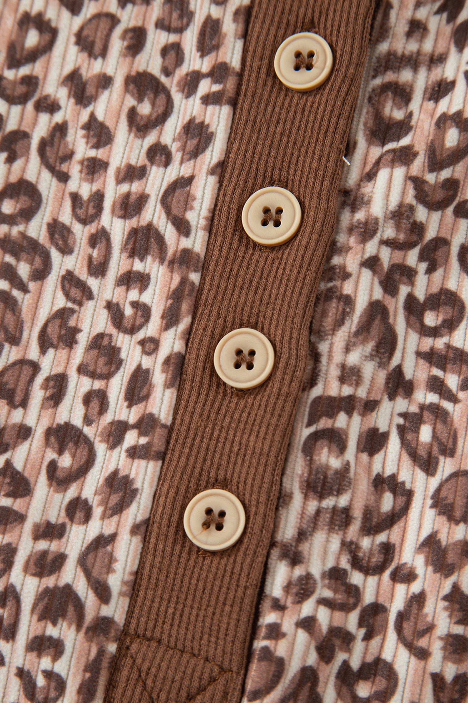 Brown Leopard Print Ribbed Patchwork Half Button Loose Tee Elastic Waist Short 2pcs Set-Two Piece Sets/Short Sets-[Adult]-[Female]-2022 Online Blue Zone Planet
