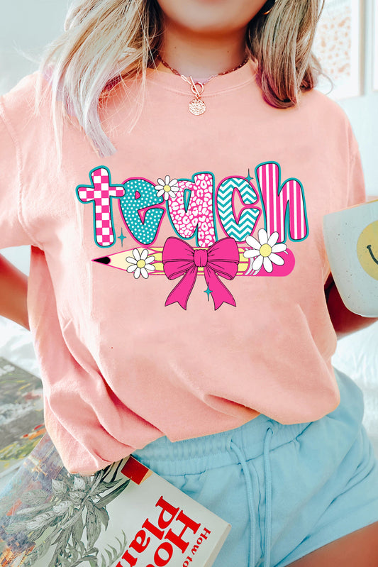 Pink Preppy Retro Checkered Coquette Teach Graphic T-Shirt-Graphic/Graphic Tees-[Adult]-[Female]-Pink-S-2022 Online Blue Zone Planet