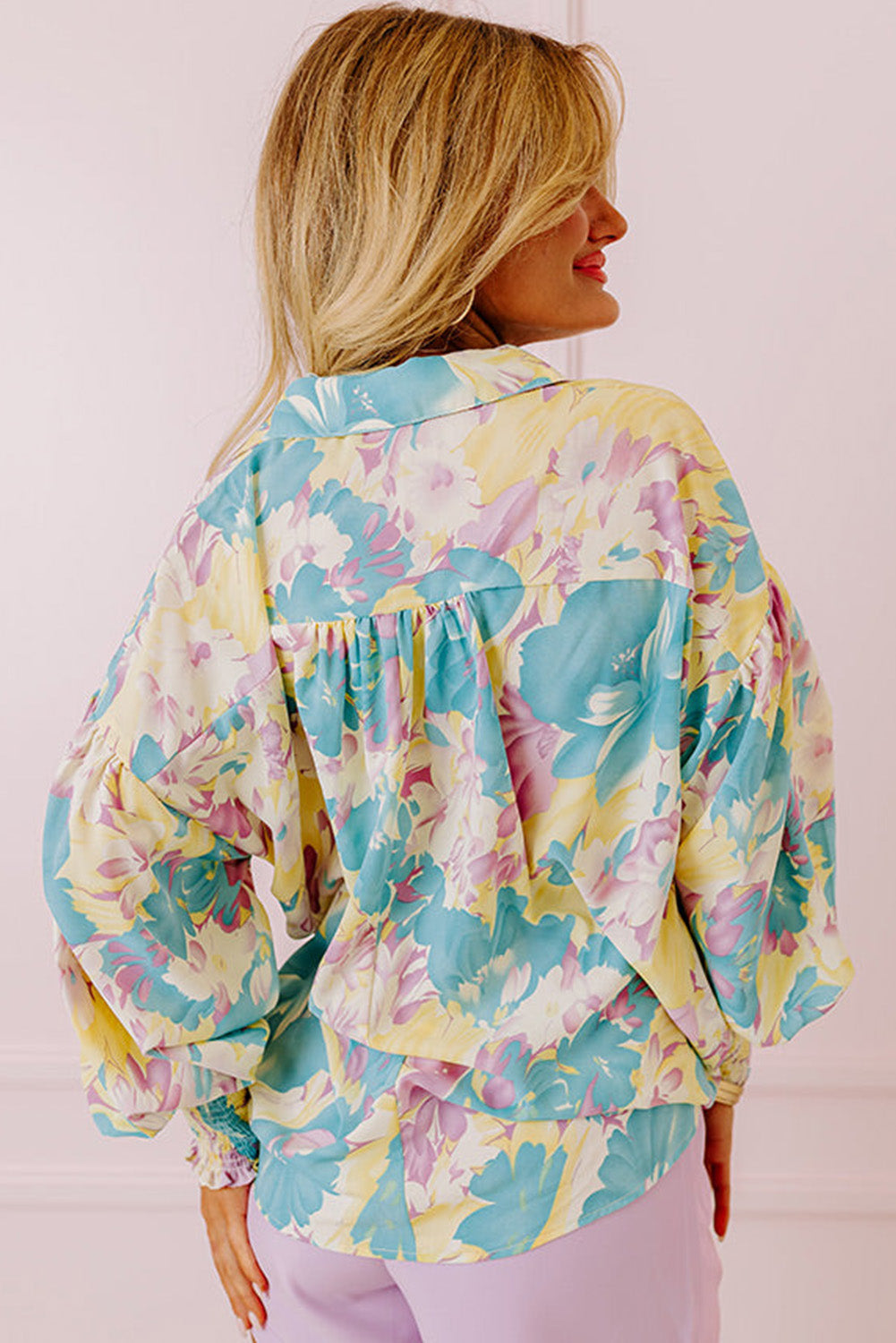 Yellow Floral Allover Print Shirred Cuff Oversized Shirt-Tops/Blouses & Shirts-[Adult]-[Female]-2022 Online Blue Zone Planet