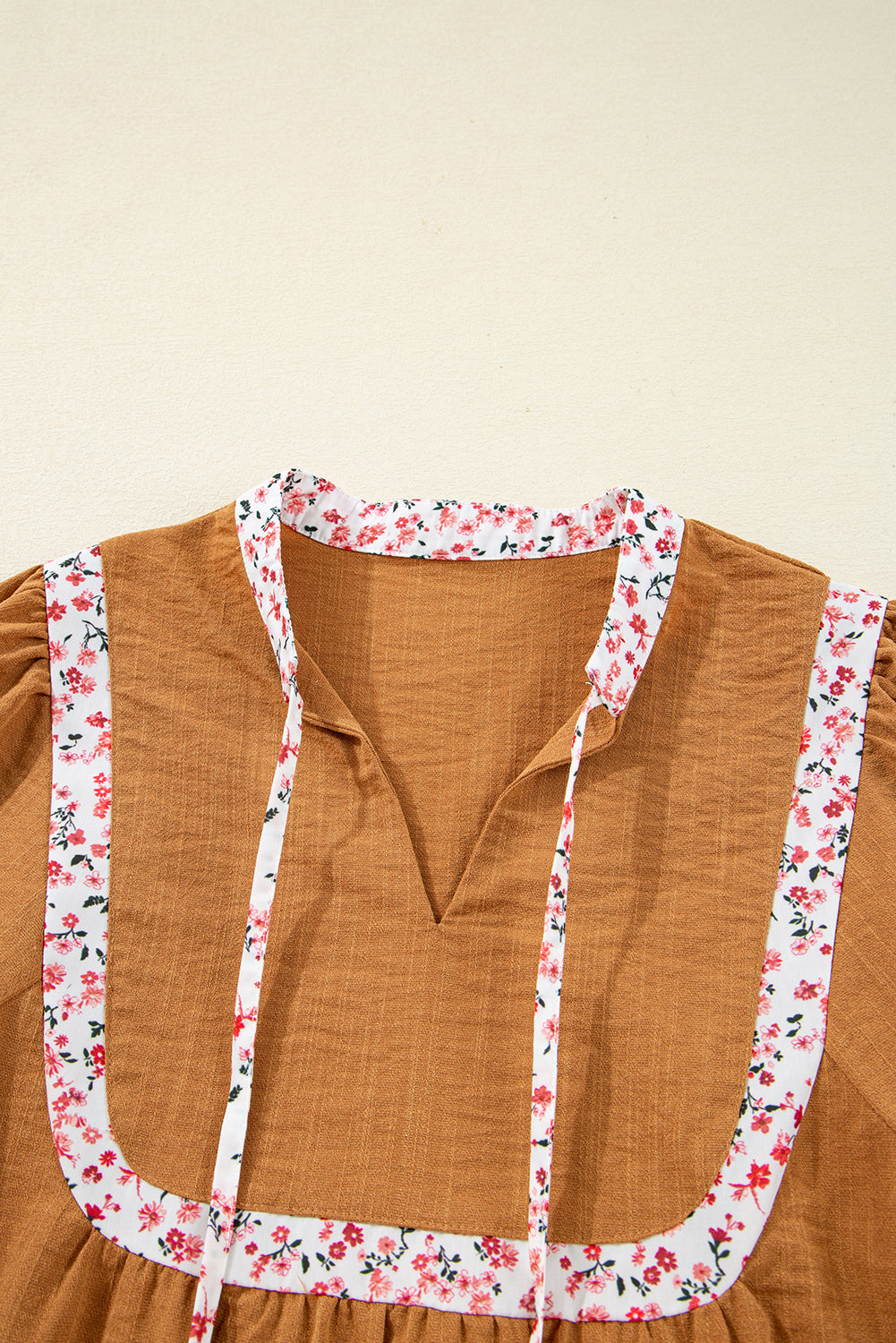 Straw Yellow Split Neck Pleated Floral Trim Long Puff Sleeve Blouse-Tops/Blouses & Shirts-[Adult]-[Female]-2022 Online Blue Zone Planet