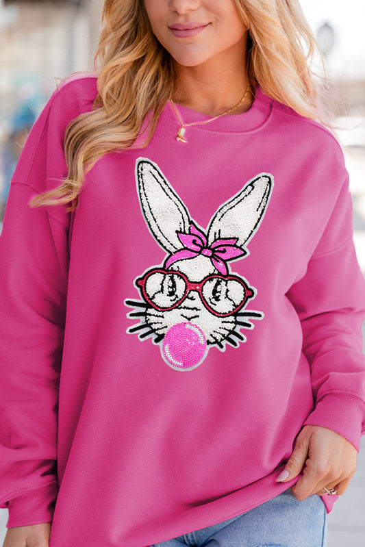 Bonbon Bubble Gum Rabbit Sequin Graphic Drop Shoulder Sweatshirt-Graphic Sweatshirts-[Adult]-[Female]-Bonbon-S-2022 Online Blue Zone Planet