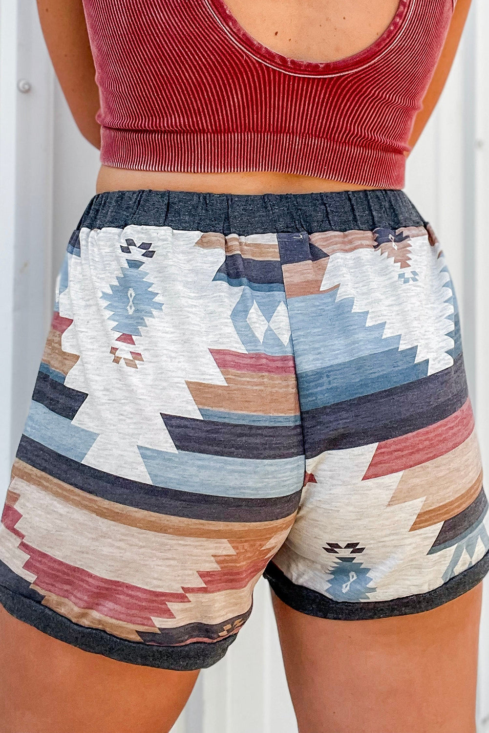 White Aztec Print Drawstring Waist Casual Shorts-Bottoms/Casual Shorts-[Adult]-[Female]-2022 Online Blue Zone Planet