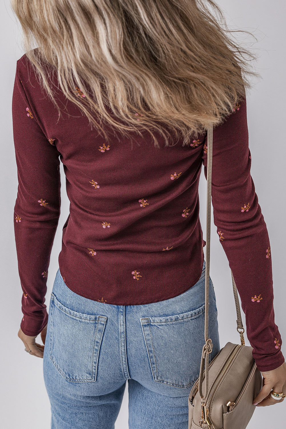 Burgundy Notched Neck Floral Print Ribbed Long Sleeve Top-Tops/Long Sleeve Tops-[Adult]-[Female]-2022 Online Blue Zone Planet