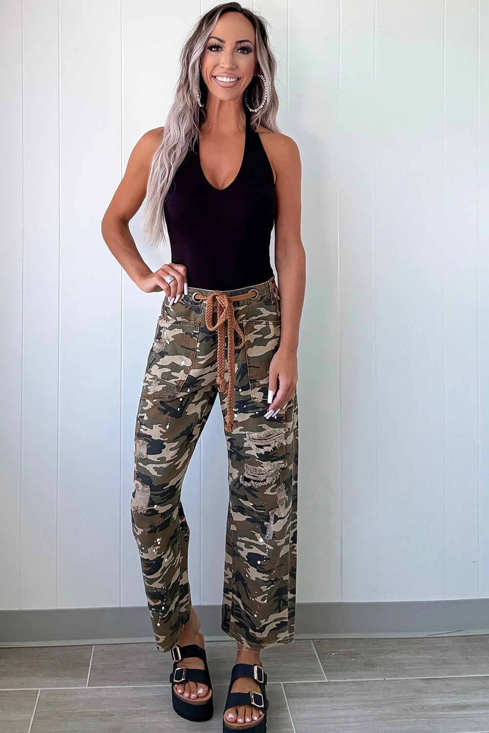 Green Camouflage Print Splashed Distressed Loose Denim Pants-Bottoms/Pants & Culotte-[Adult]-[Female]-2022 Online Blue Zone Planet