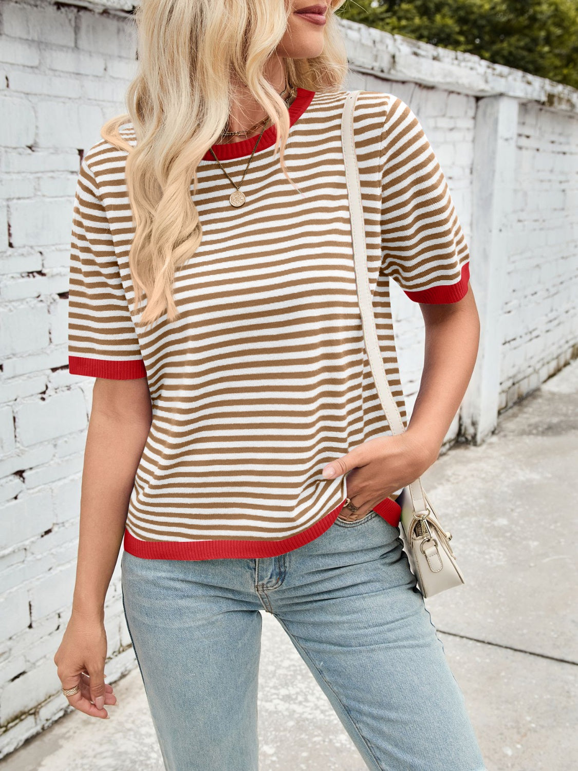 Lovelet Striped Contrast Round Neck Half Sleeve Knit Top-TOPS / DRESSES-[Adult]-[Female]-2022 Online Blue Zone Planet