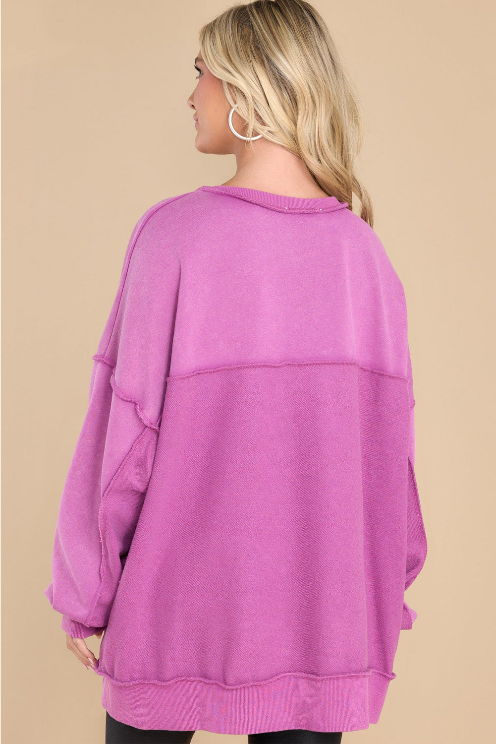 Black Oversized Exposed Seam Henley Sweatshirt-Tops/Sweatshirts & Hoodies-[Adult]-[Female]-2022 Online Blue Zone Planet