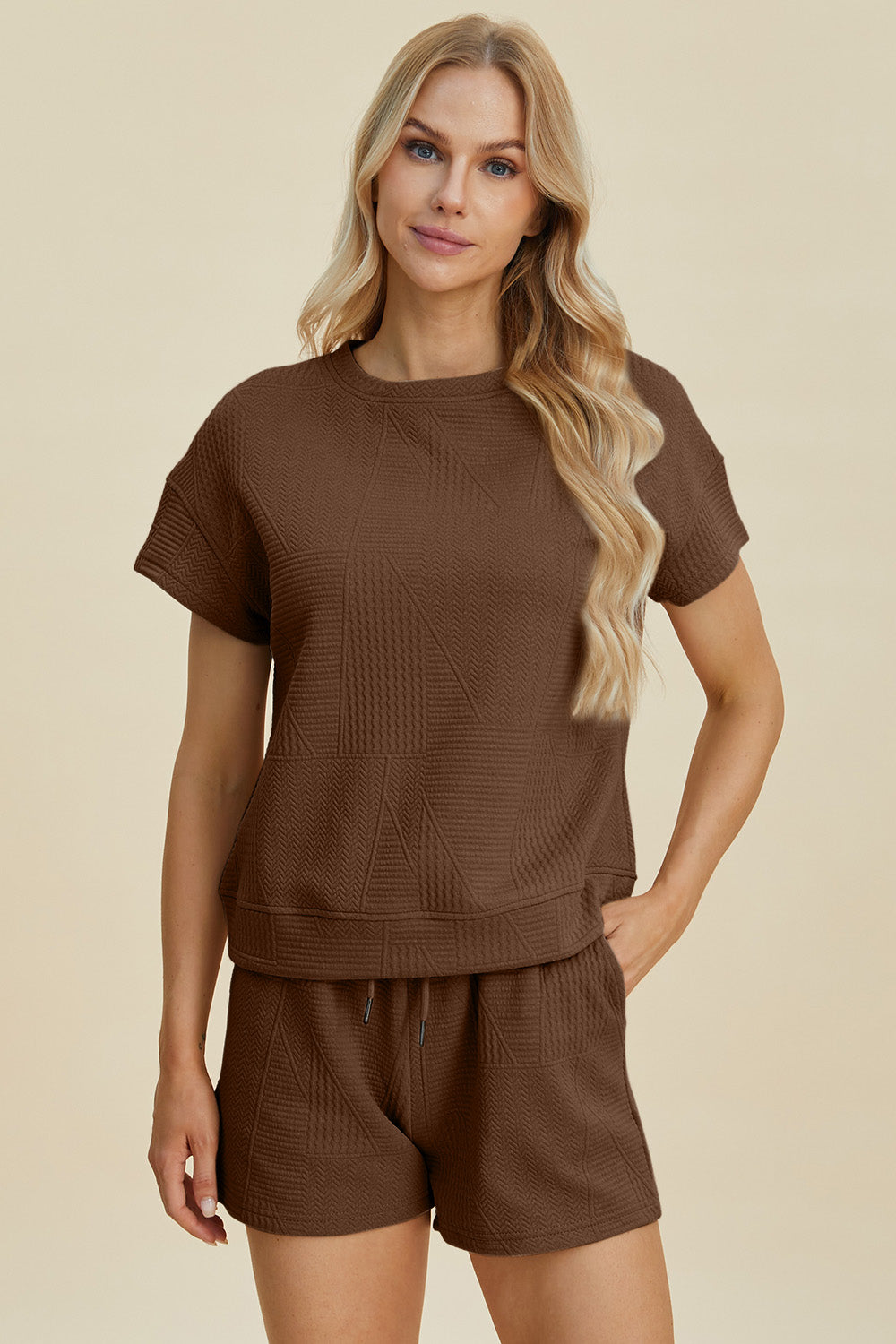 Double Take Full Size Texture Short Sleeve Top and Shorts Set-TOPS / DRESSES-[Adult]-[Female]-2022 Online Blue Zone Planet